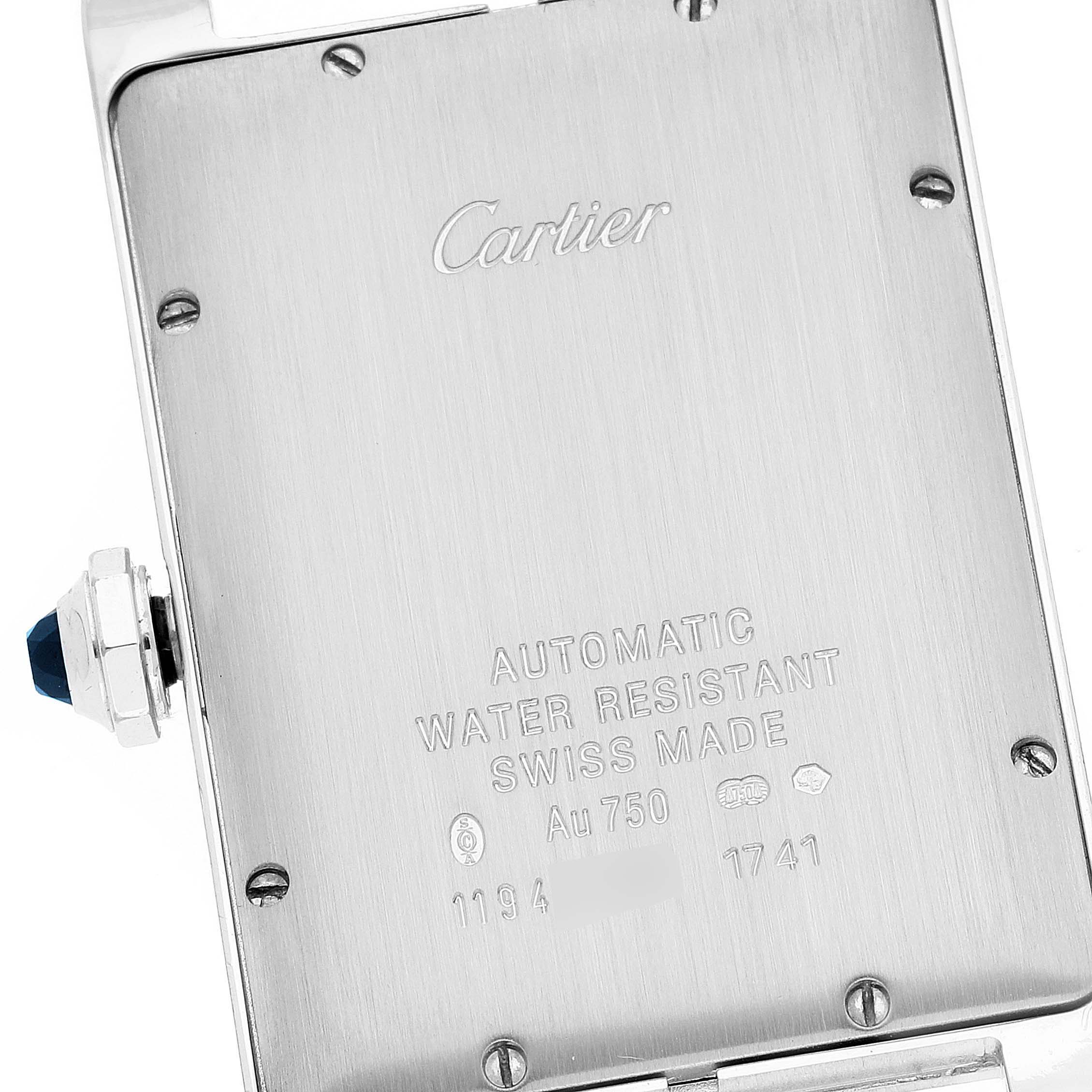 This image shows the back and part of the crown of a Cartier Tank Américaine watch.