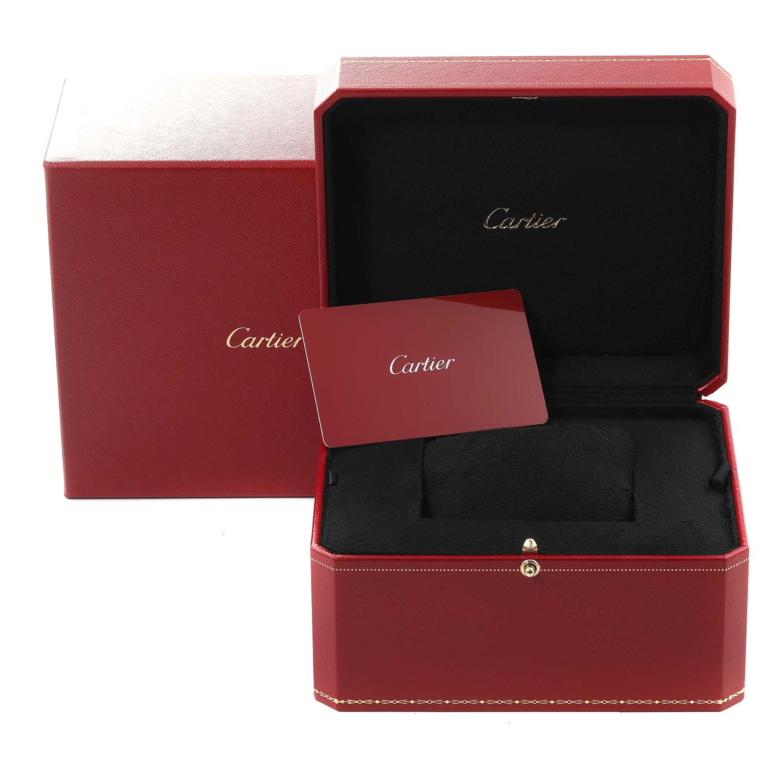 The image shows the Cartier Tank Americaine W2603256 Men's White Gold Silver Dial W2603256 Men's White Gold Silver Dial watch packaging box, including an outer box, inner presentation box, and a card.
