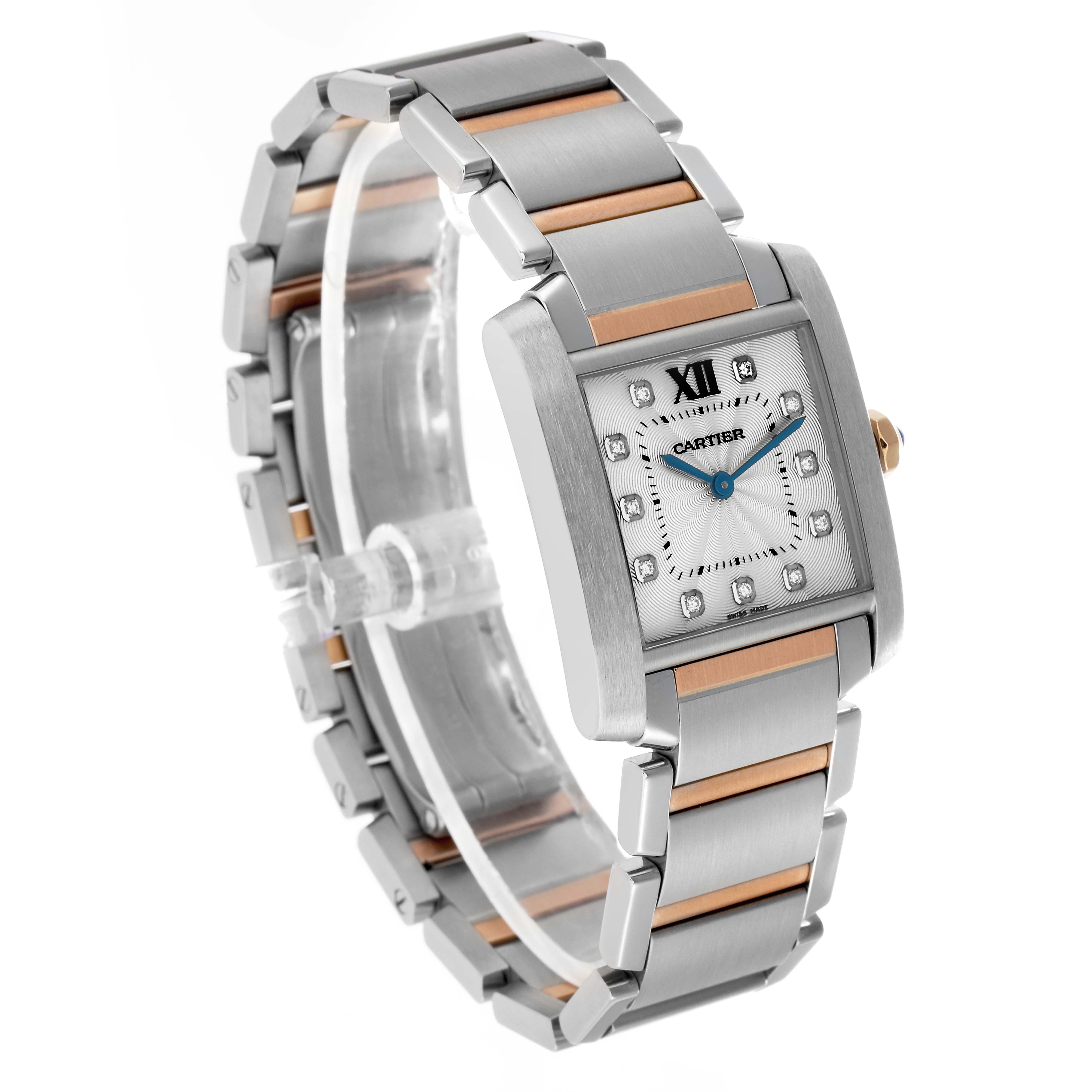 The Cartier Tank Française watch is shown at a three-quarter angle, highlighting its two-tone bracelet and square face with blue hands.