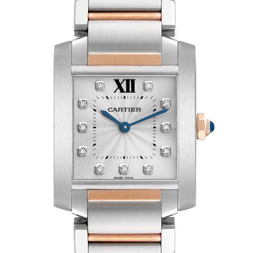 The image shows a Cartier Tank Française watch from a top-down angle, highlighting the face, bezel, crown, and bracelet.