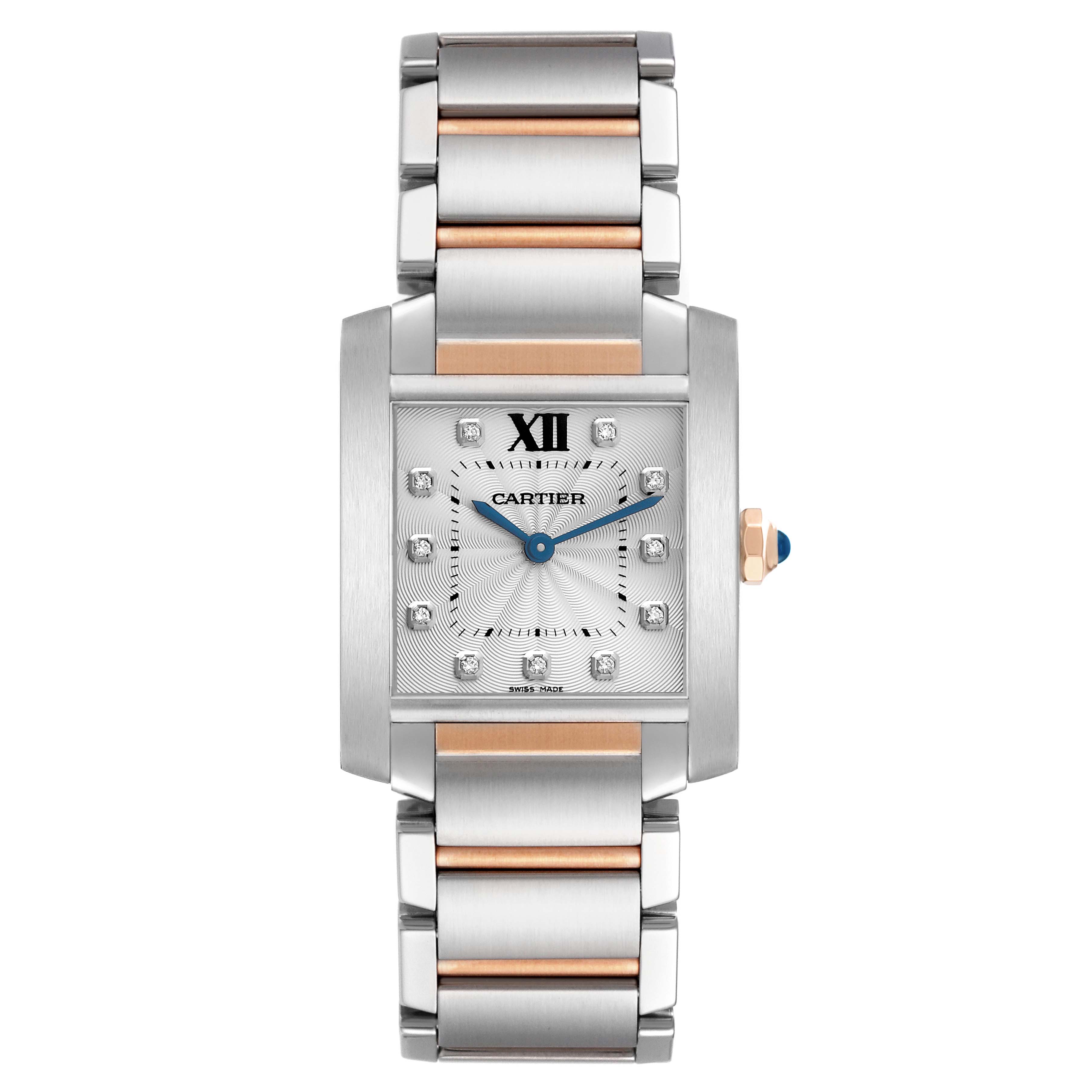 The Cartier Tank Francaise WE110005 Women's Steel and Gold (two tone) Silver Dial watch is shown from a front angle, featuring the face, hands, and bracelet.