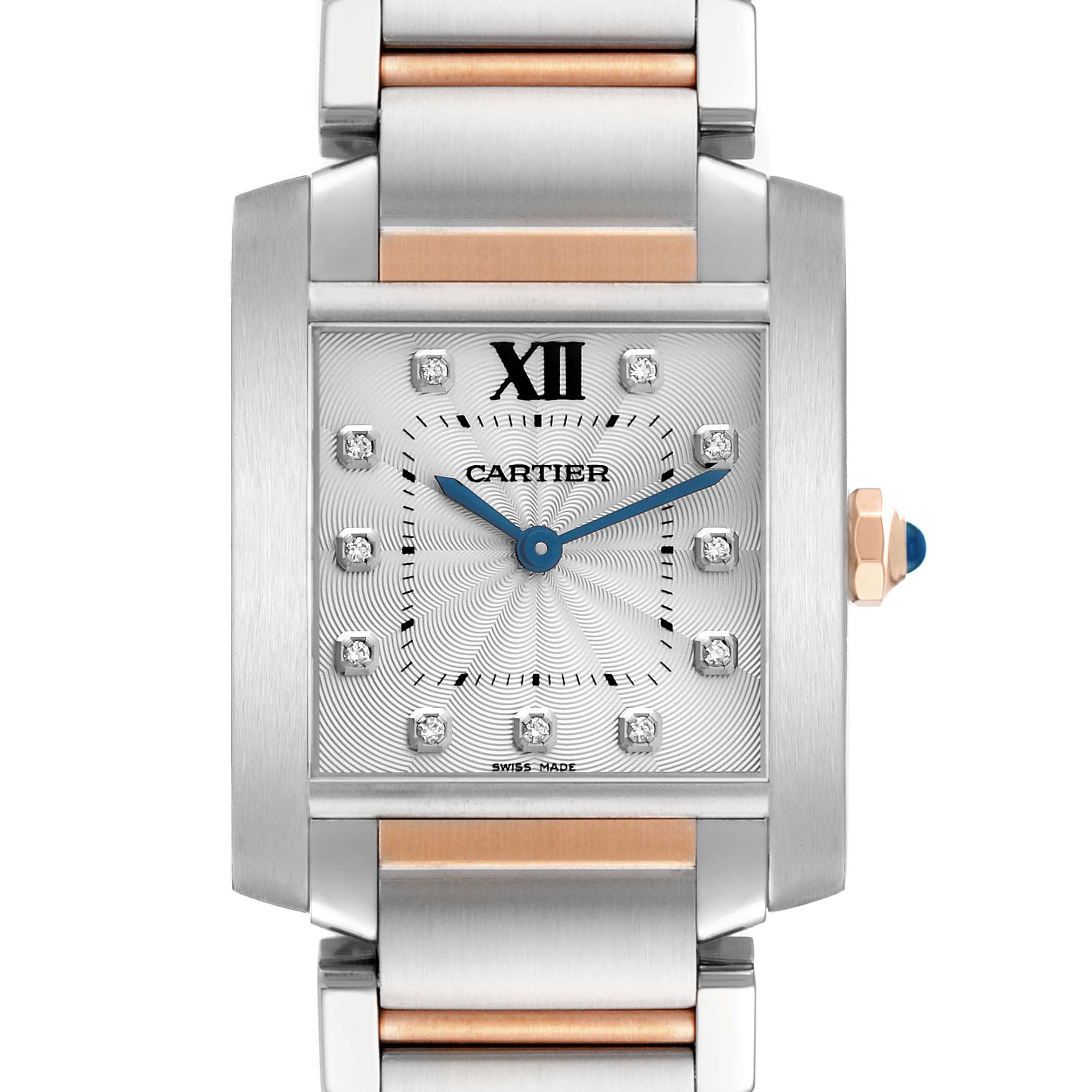The Cartier Tank Francaise WE110005 Women's Steel and Gold (two tone) Silver Dial watch is shown from a front angle, highlighting its dial, bezel, and bracelet.