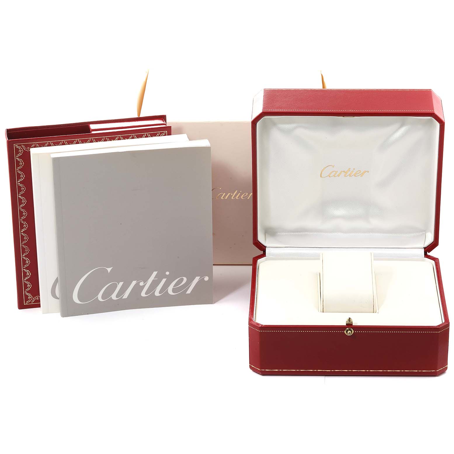 The image shows an open Cartier Tank Francaise W51008Q3 Women's Stainless Steel Silver Dial W51008Q3 Women's Stainless Steel Silver Dial watch box set with manuals and packaging.