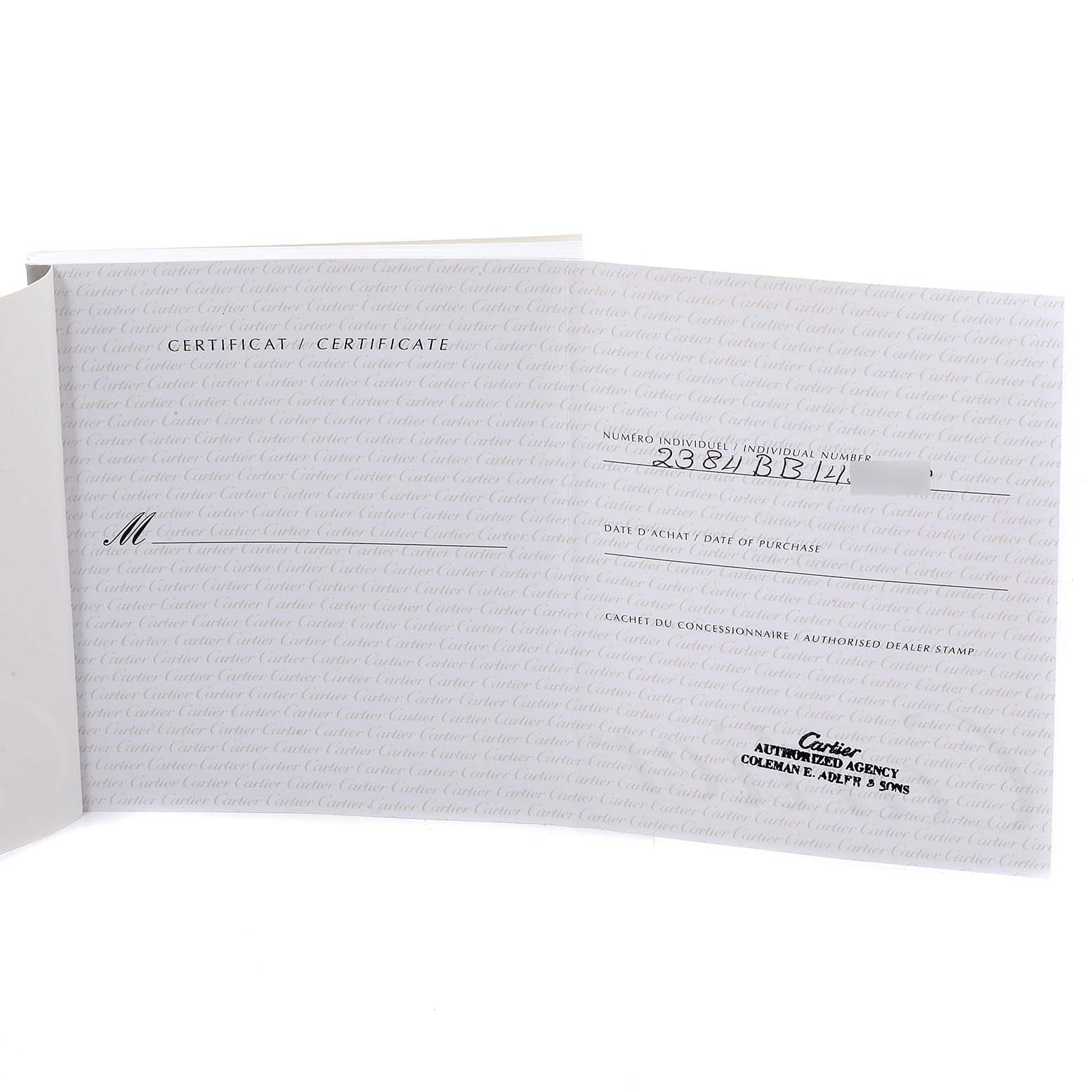 The image shows the certificate for a Cartier Tank Francaise W51008Q3 Women's Stainless Steel Silver Dial W51008Q3 Women's Stainless Steel Silver Dial watch.