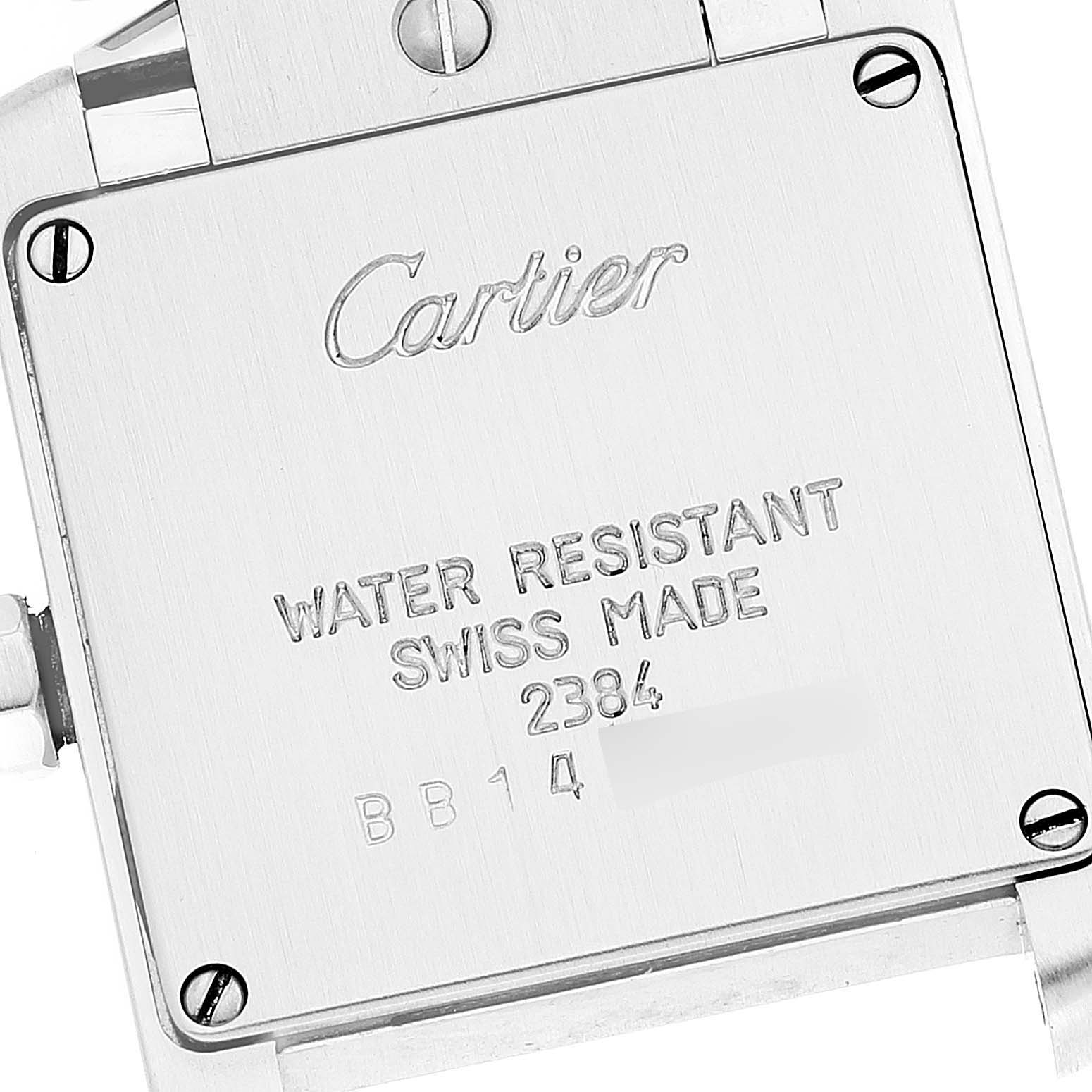 The image shows the back case of the Cartier Tank Francaise W51008Q3 Women's Stainless Steel Silver Dial W51008Q3 Women's Stainless Steel Silver Dial watch displaying the brand name, model number, and water resistance details.