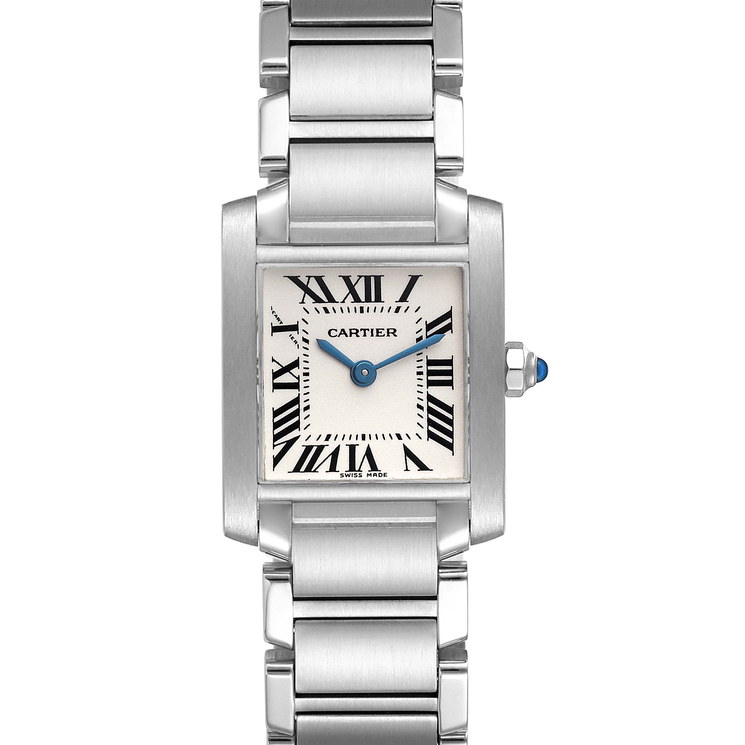 The image shows a frontal view of the Cartier Tank Francaise W51008Q3 Women's Stainless Steel Silver Dial W51008Q3 Women's Stainless Steel Silver Dial watch, highlighting its rectangular dial, bracelet, and blue sword-shaped hands.