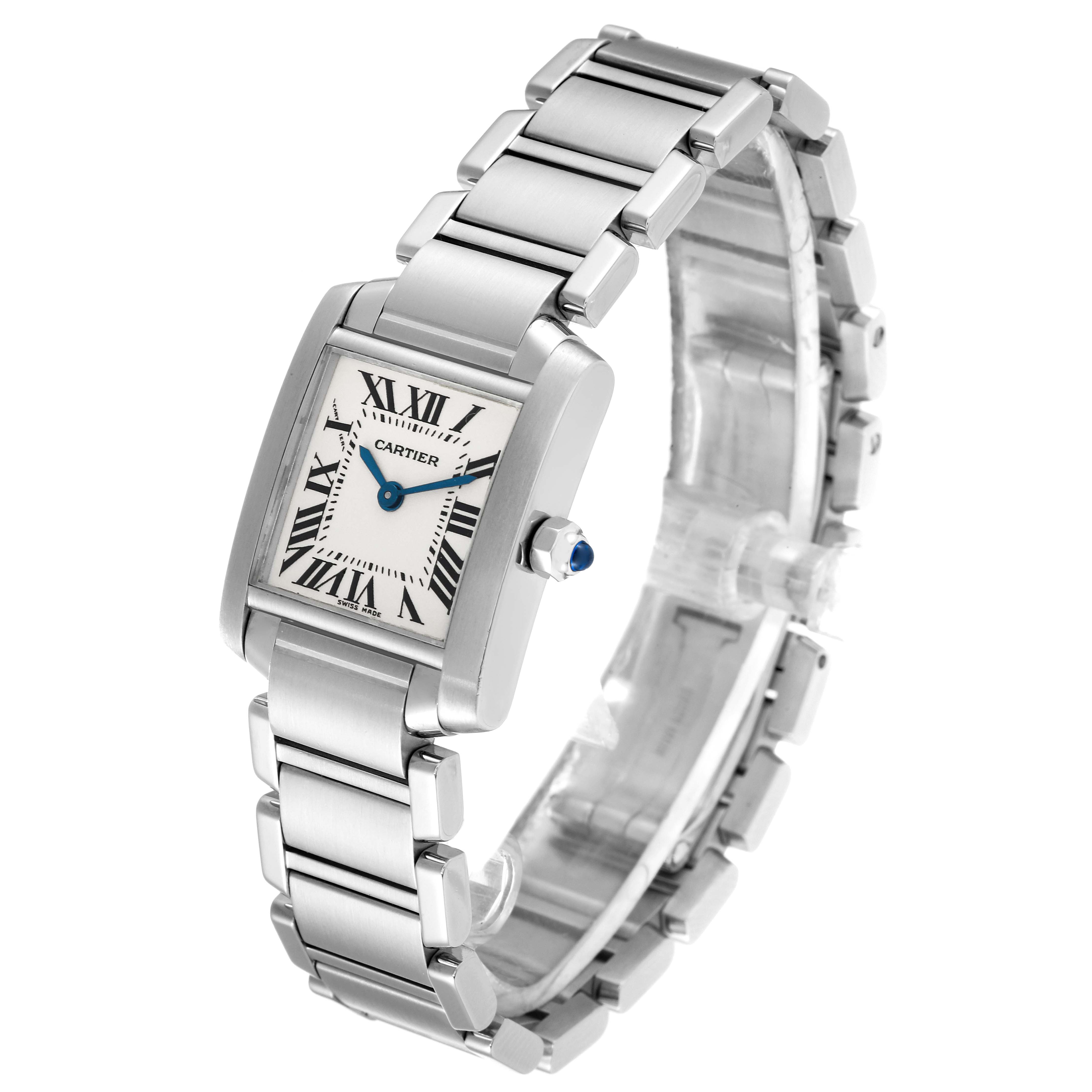The image shows a Cartier Tank Francaise W51008Q3 Women's Stainless Steel Silver Dial W51008Q3 Women's Stainless Steel Silver Dial watch at a three-quarter angle, highlighting the face, bracelet, and crown.