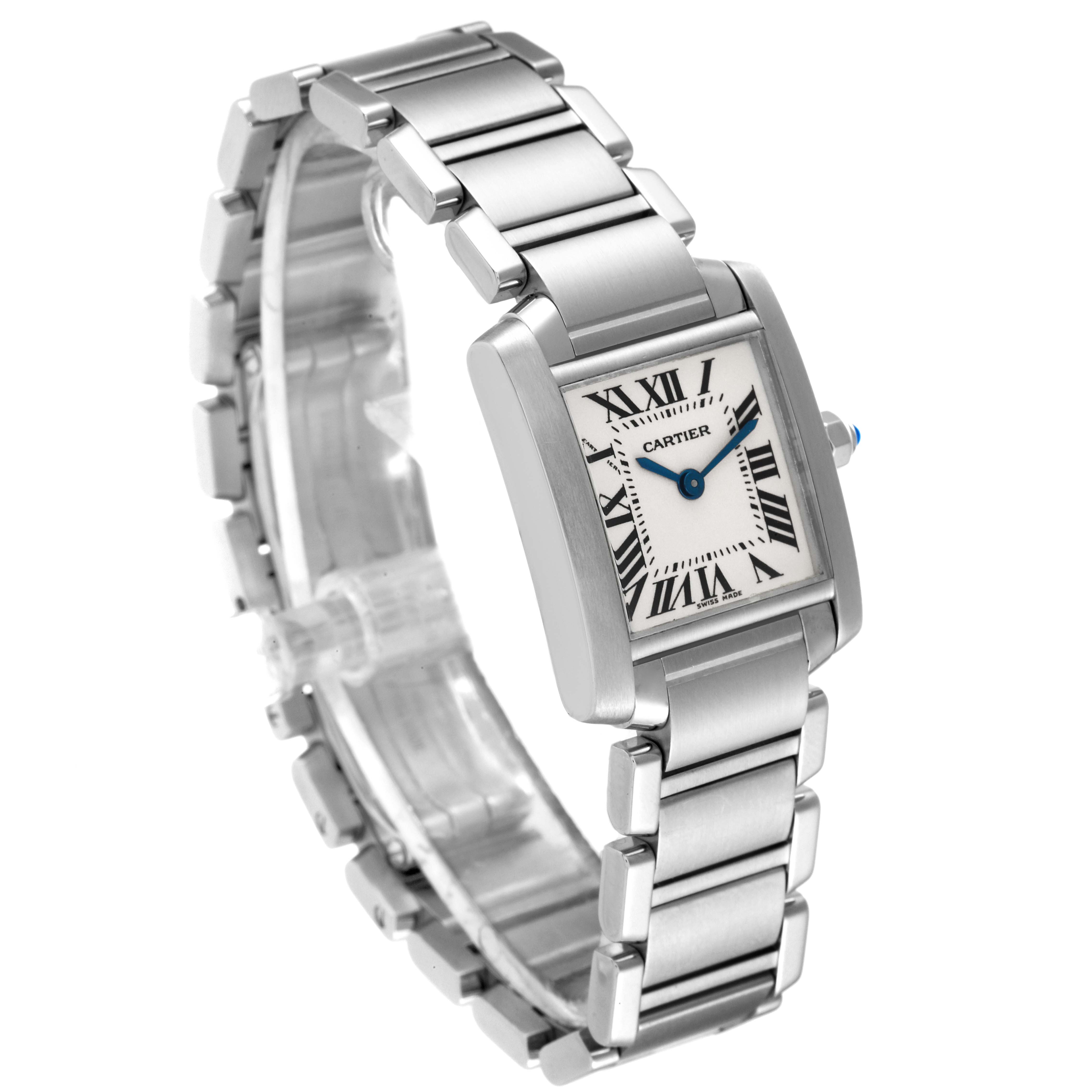 This image shows a Cartier Tank Francaise W51008Q3 Women's Stainless Steel Silver Dial W51008Q3 Women's Stainless Steel Silver Dial watch at a slight angle, highlighting its rectangular case, bracelet, and Roman numeral dial.