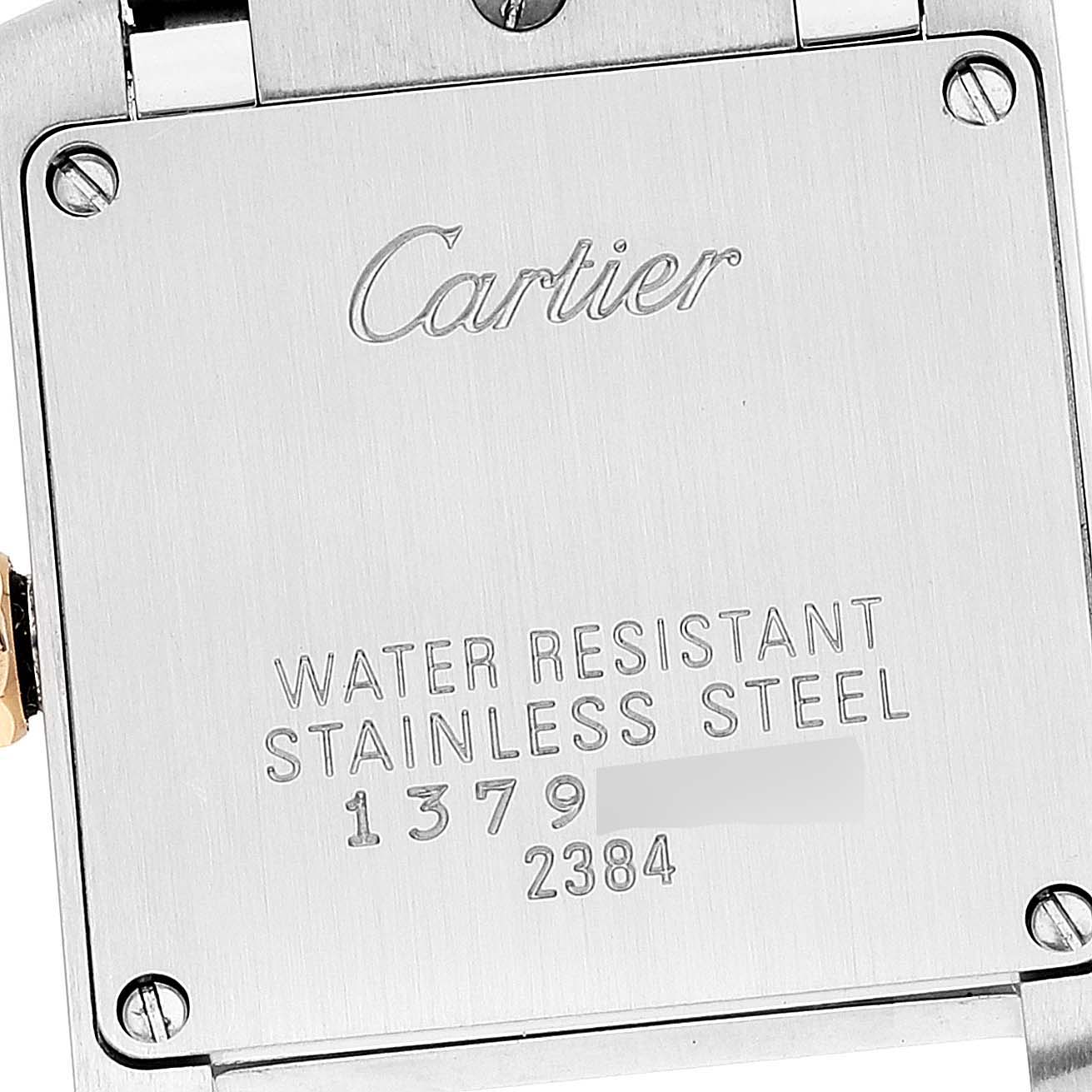 This is the back casing of a Tank Francaise model by Cartier, displaying the brand name and water resistance information.