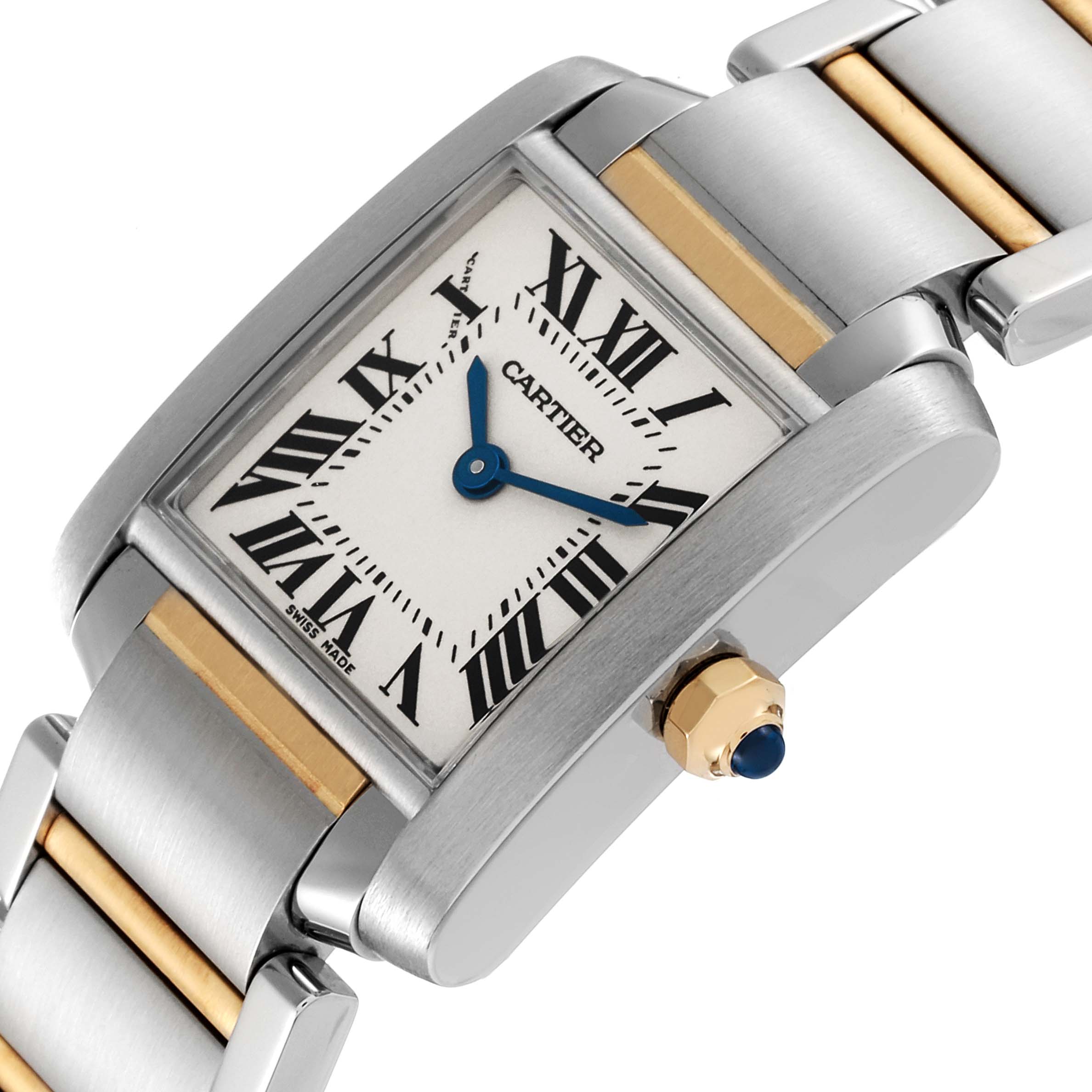 This image shows a close-up angled view of the Cartier Tank Française watch, highlighting its face, hands, crown, and part of the bracelet.