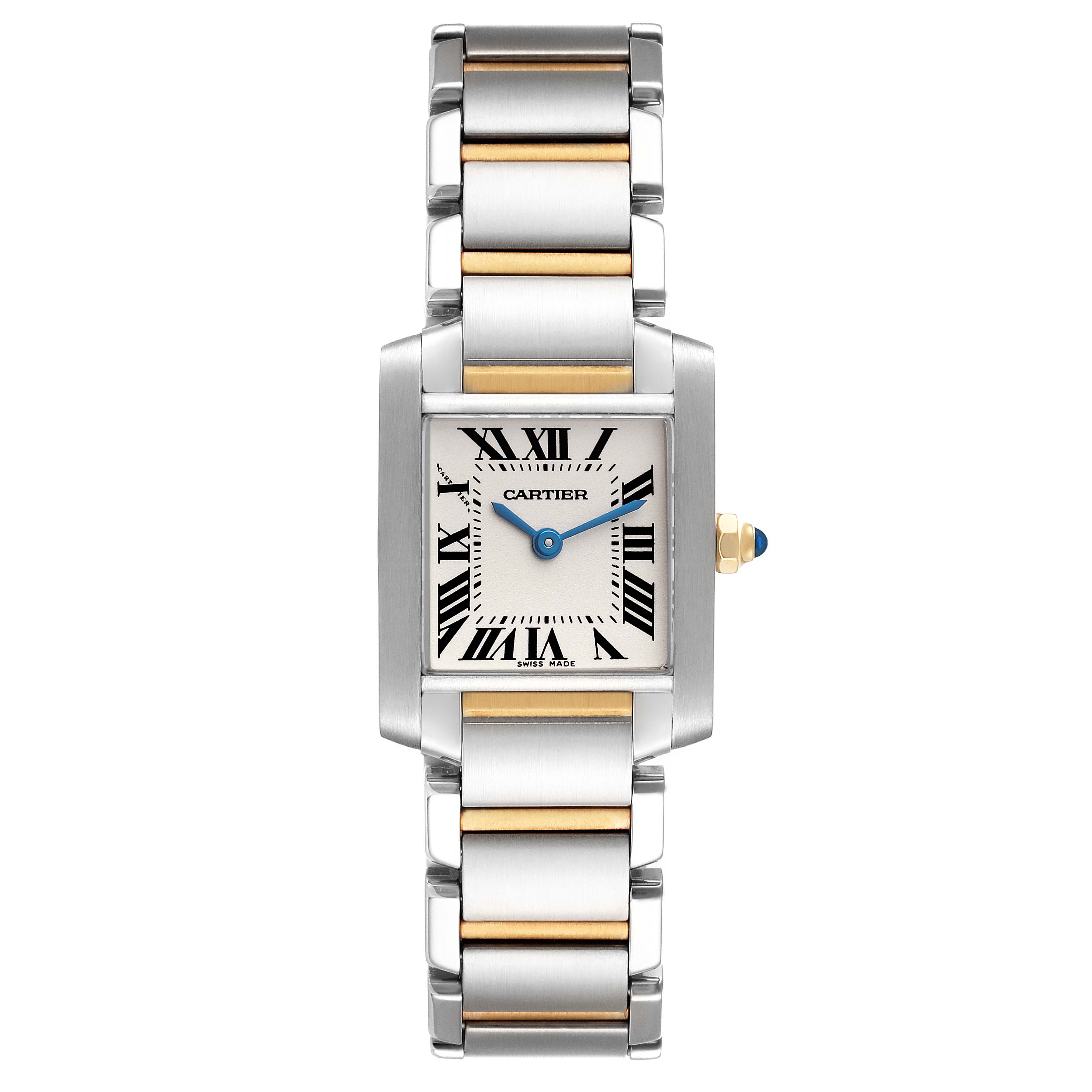 This image shows a front view of a Cartier Tank Française watch with a two-tone bracelet and Roman numeral dial.