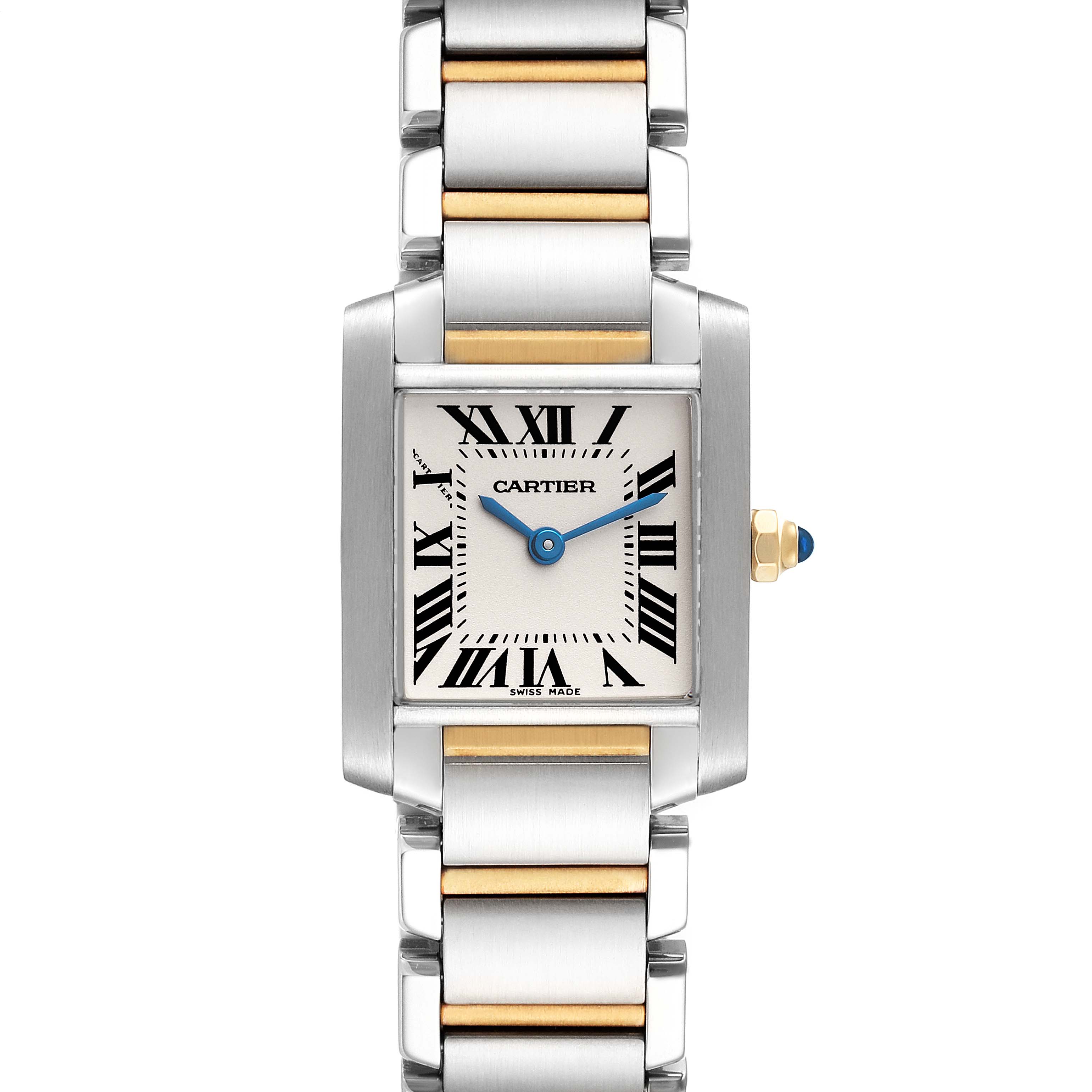 The Cartier Tank Française watch is shown from a top-down angle, displaying the face, bezel, and bracelet.