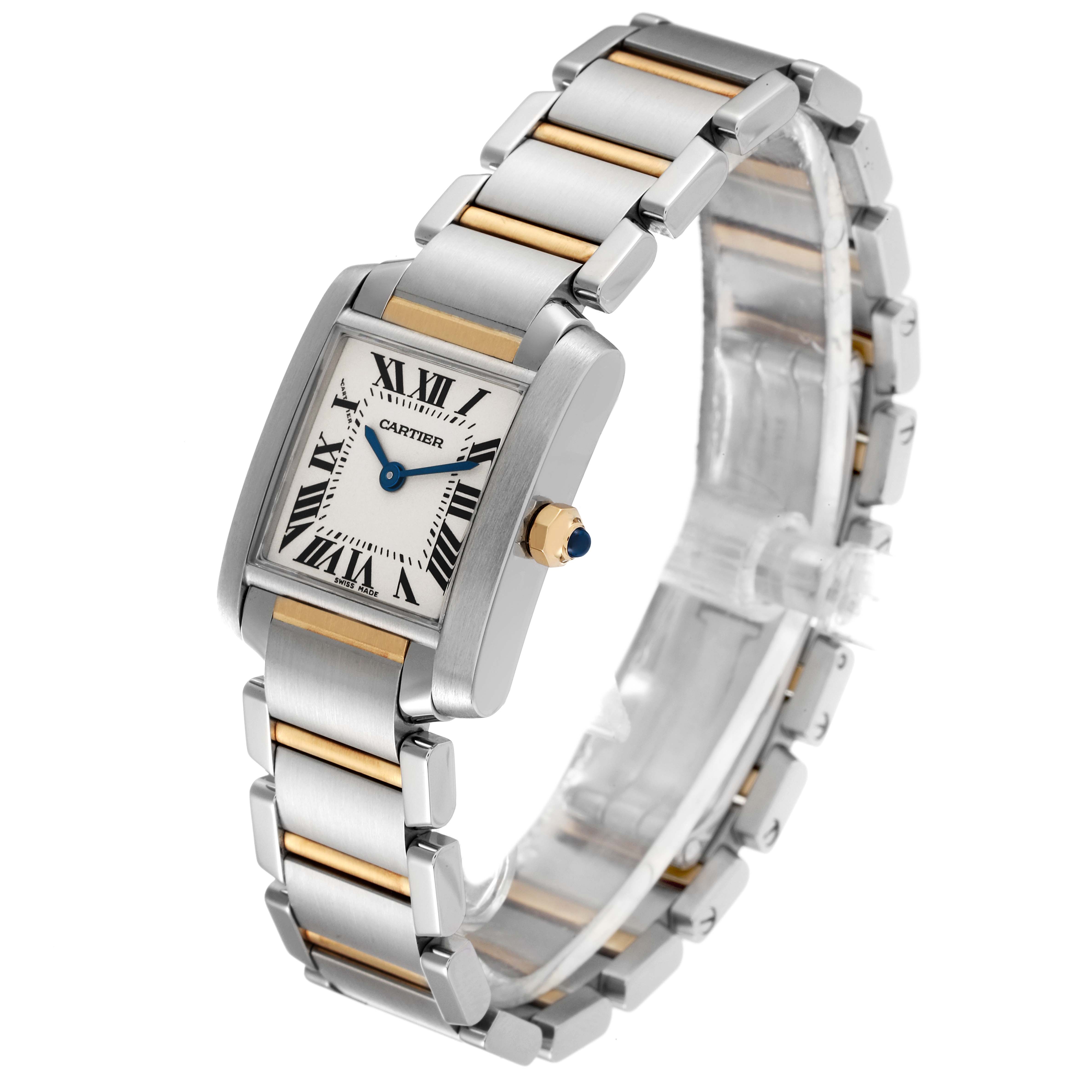 This is an angled view of the Cartier Tank Francaise W51007Q4 Women's Steel and Gold (two tone) Silver Dial W51007Q4 Women's Steel and Gold (two tone) Silver Dial watch, showcasing the dial, bracelet, and side with the crown visible.