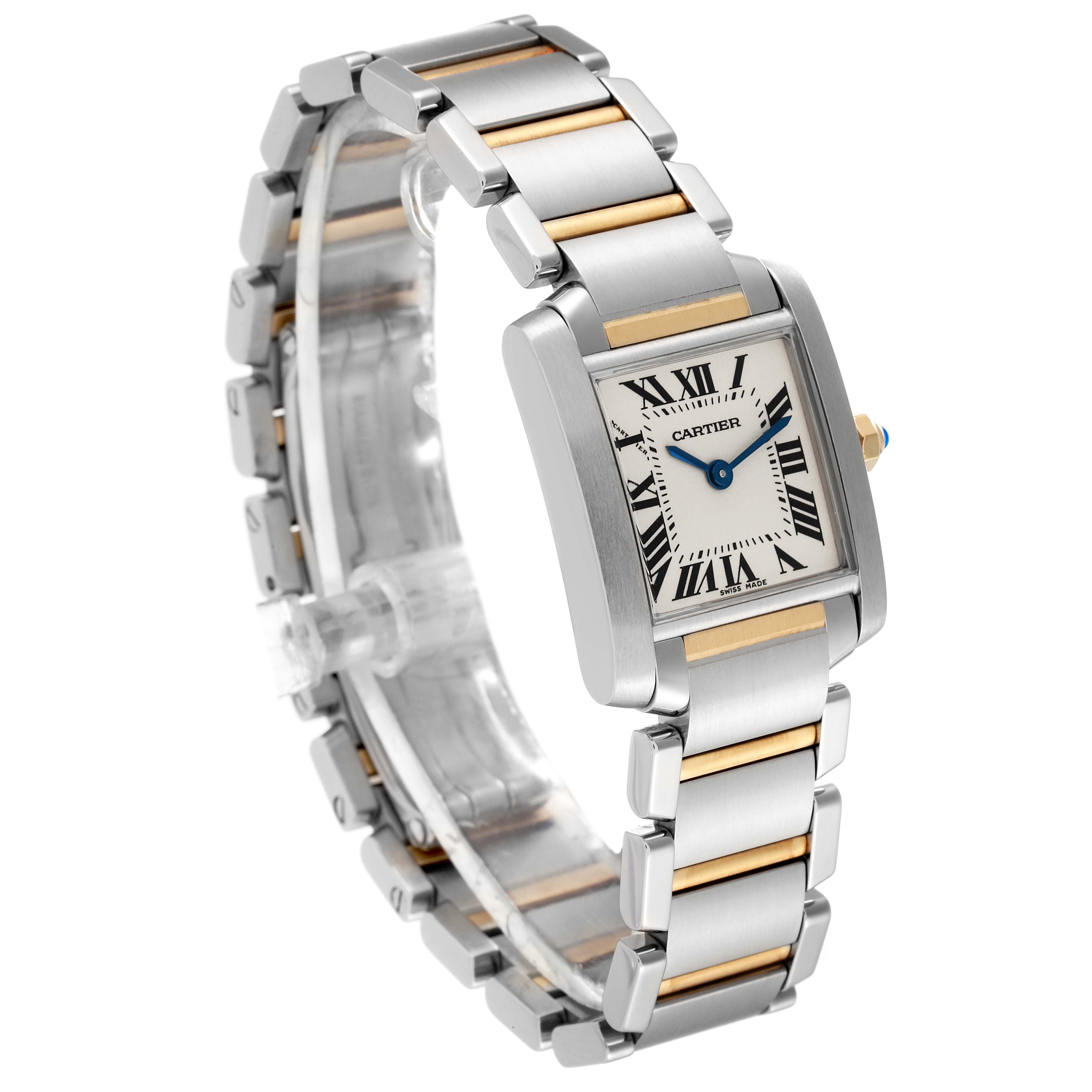 The image shows a Cartier Tank Française watch at an angled view, displaying its face, bracelet, and two-tone metal links.
