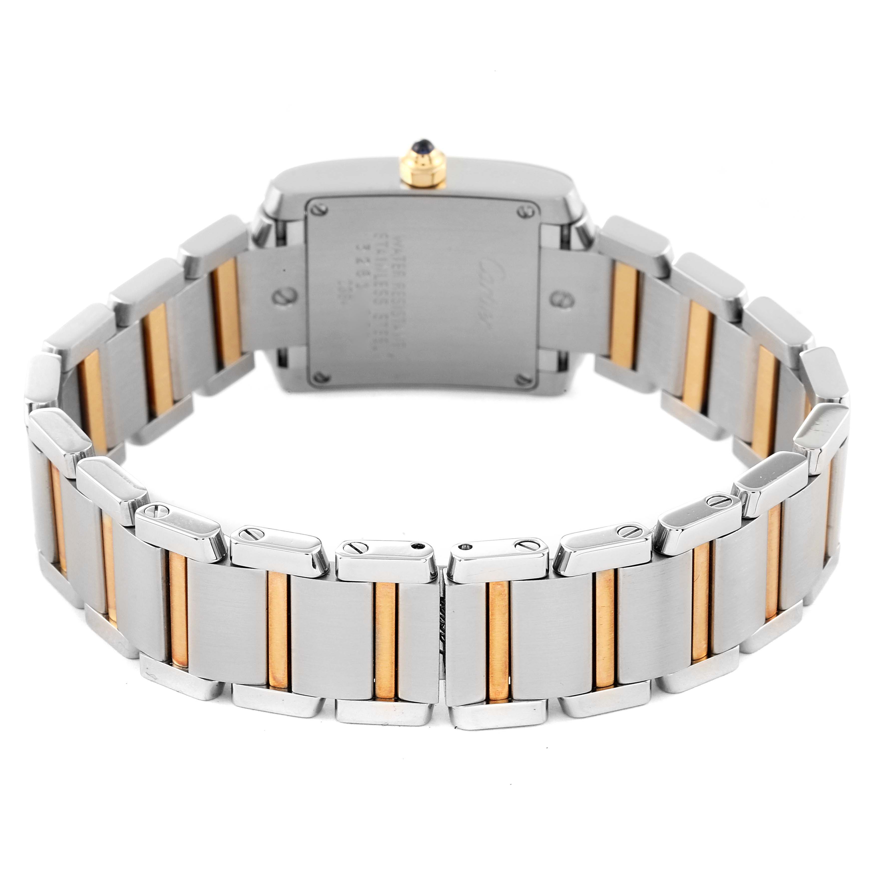 The image shows the back case and two-tone bracelet of the Cartier Tank Française watch.