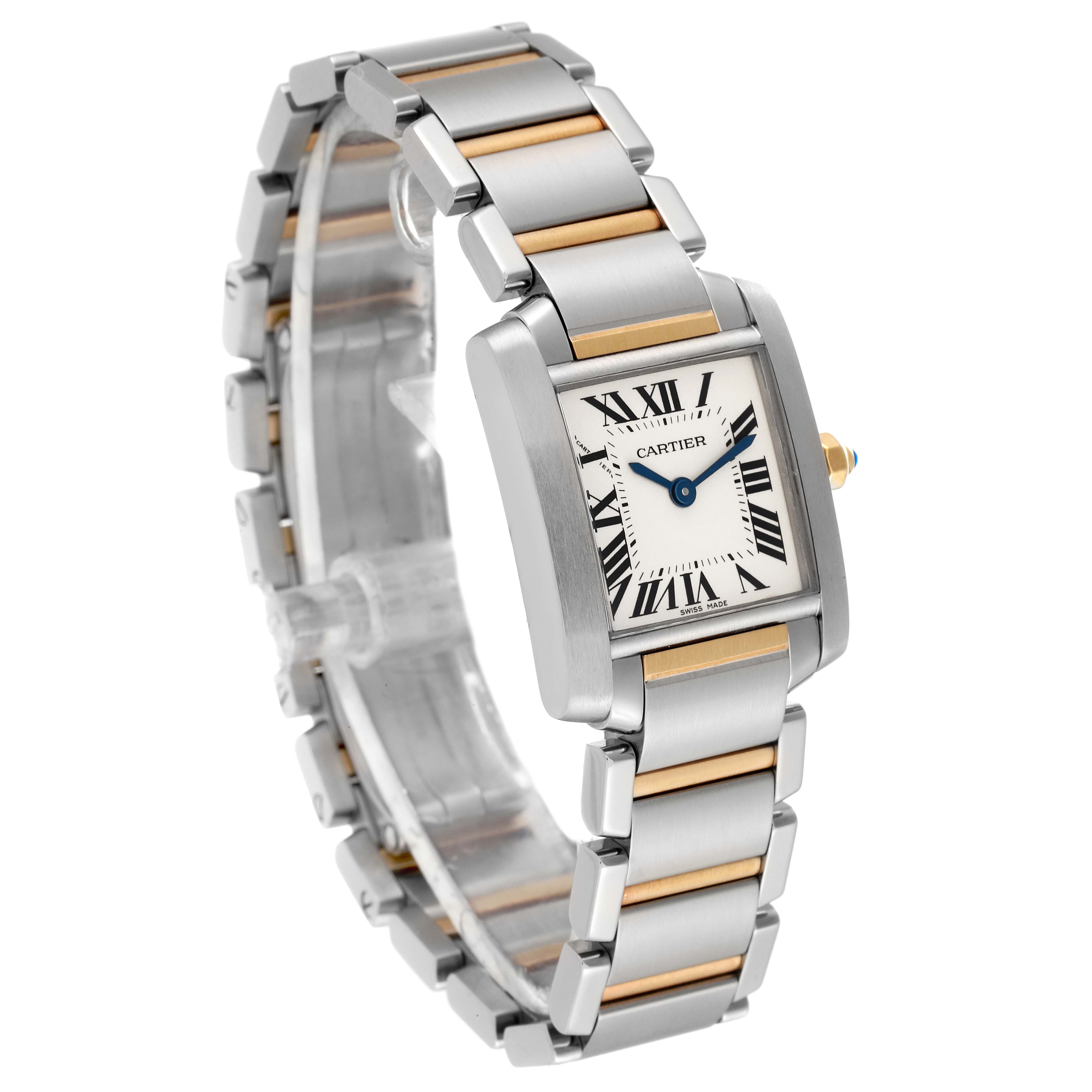 The image shows a Cartier Tank Francaise W51007Q4 Women's Steel and Gold (two tone) Silver Dial W51007Q4 Women's Steel and Gold (two tone) Silver Dial watch at a three-quarter angle, highlighting its stainless steel and gold bracelet, and rectangular dial.
