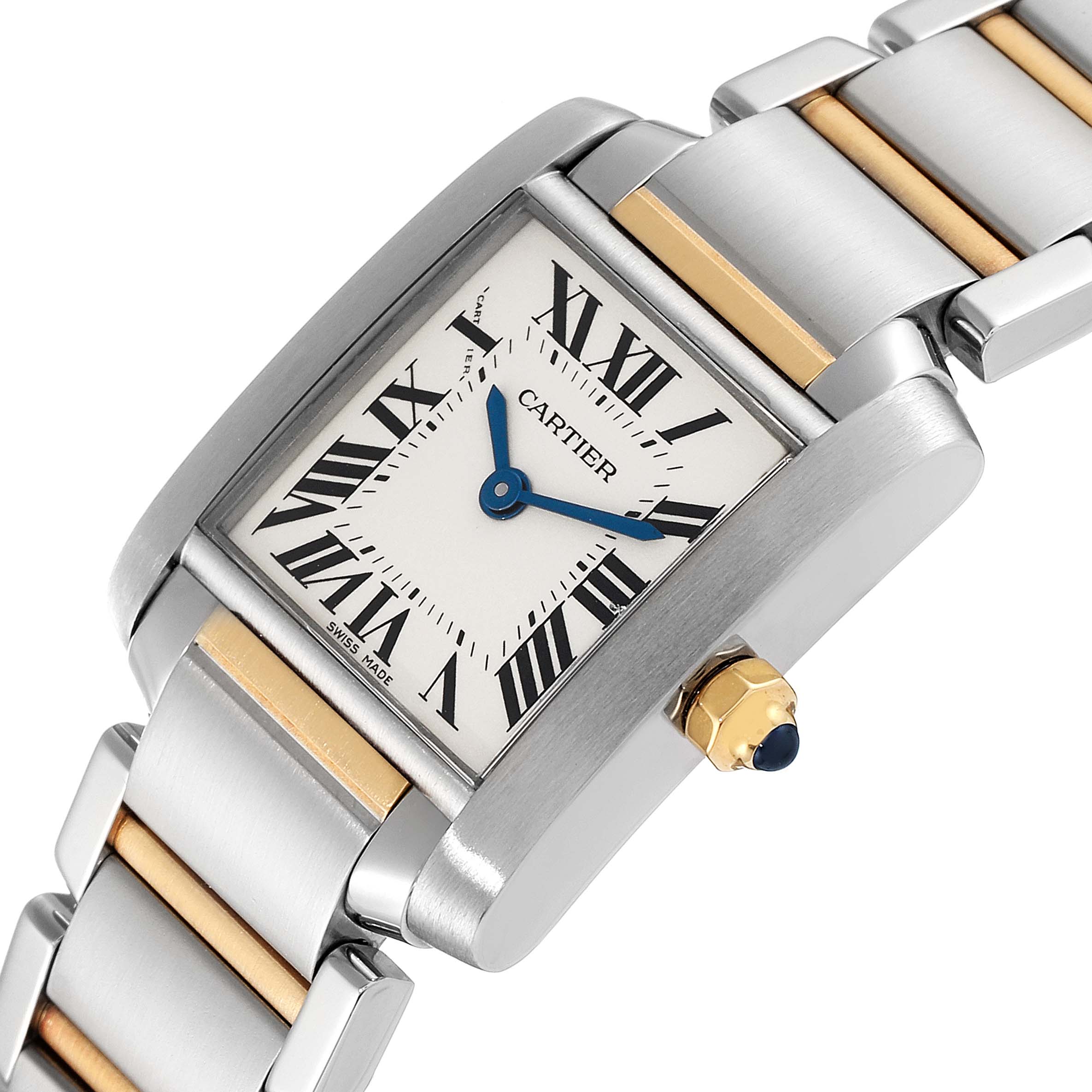 This image shows a close-up angle of a Cartier Tank Francaise W51007Q4 Women's Steel and Gold (two tone) Silver Dial W51007Q4 Women's Steel and Gold (two tone) Silver Dial watch, highlighting its face, Roman numerals, and two-tone bracelet.