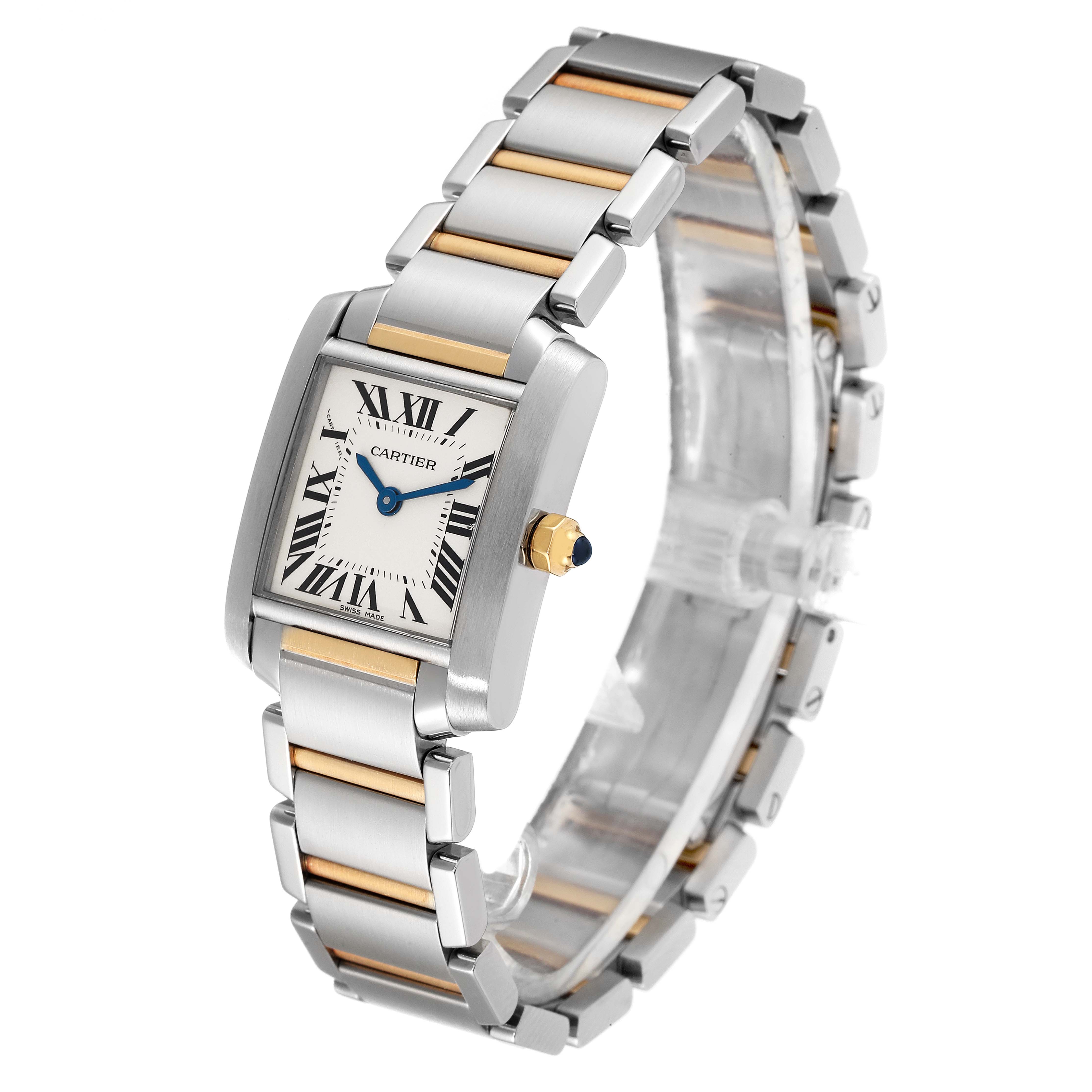 The image shows a Cartier Tank Francaise W51007Q4 Women's Steel and Gold (two tone) Silver Dial W51007Q4 Women's Steel and Gold (two tone) Silver Dial watch at a three-quarter angle, displaying its face, crown, and bracelet.