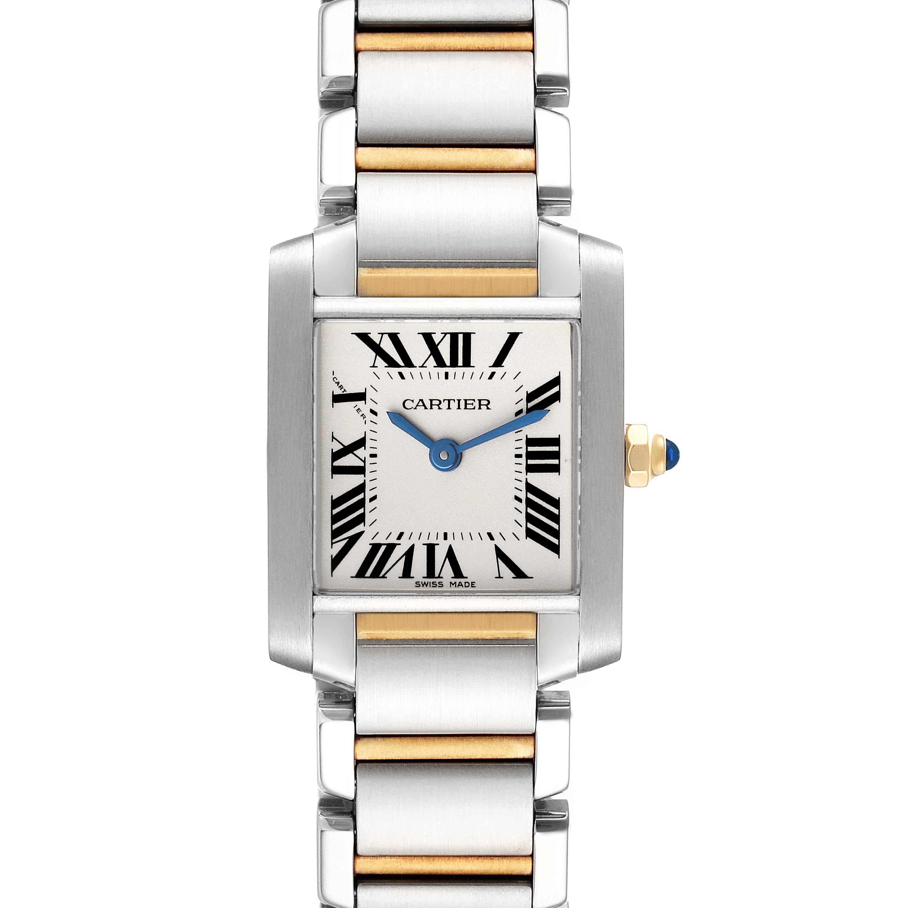 The image shows a Cartier Tank Francaise W51007Q4 Women's Steel and Gold (two tone) Silver Dial W51007Q4 Women's Steel and Gold (two tone) Silver Dial watch from a straight-on angle, displaying its face and stainless steel and gold bracelet.