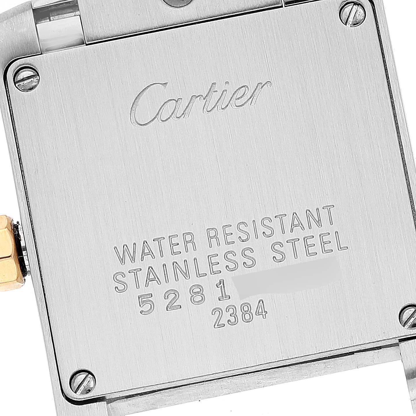 This image shows the back case of a Cartier Tank Francaise W51007Q4 Women's Steel and Gold (two tone) Silver Dial W51007Q4 Women's Steel and Gold (two tone) Silver Dial watch, highlighting its water-resistant and stainless steel features.