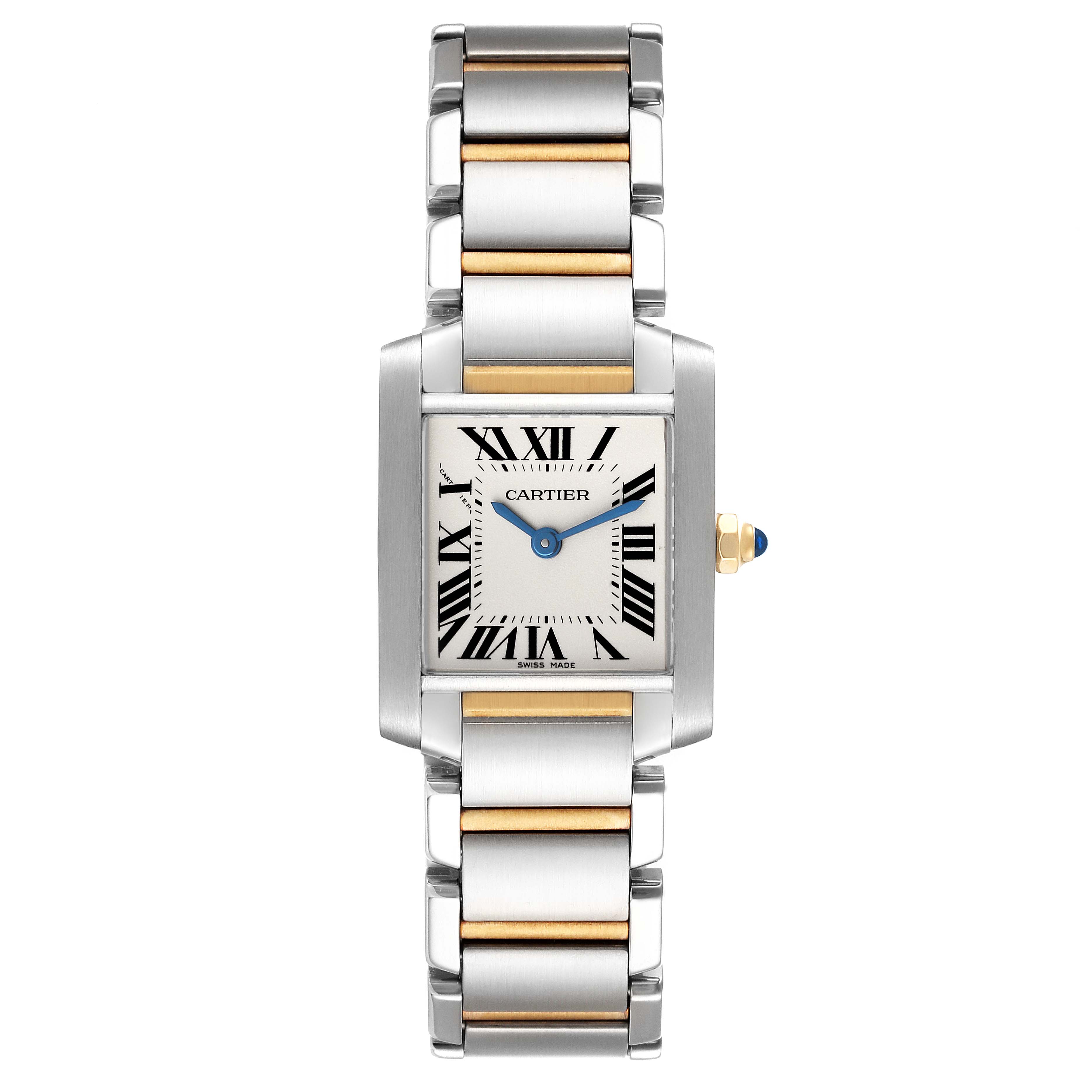 This image shows a straight-on view of a Cartier Tank Française watch, highlighting the face, bezel, crown, and two-tone bracelet.