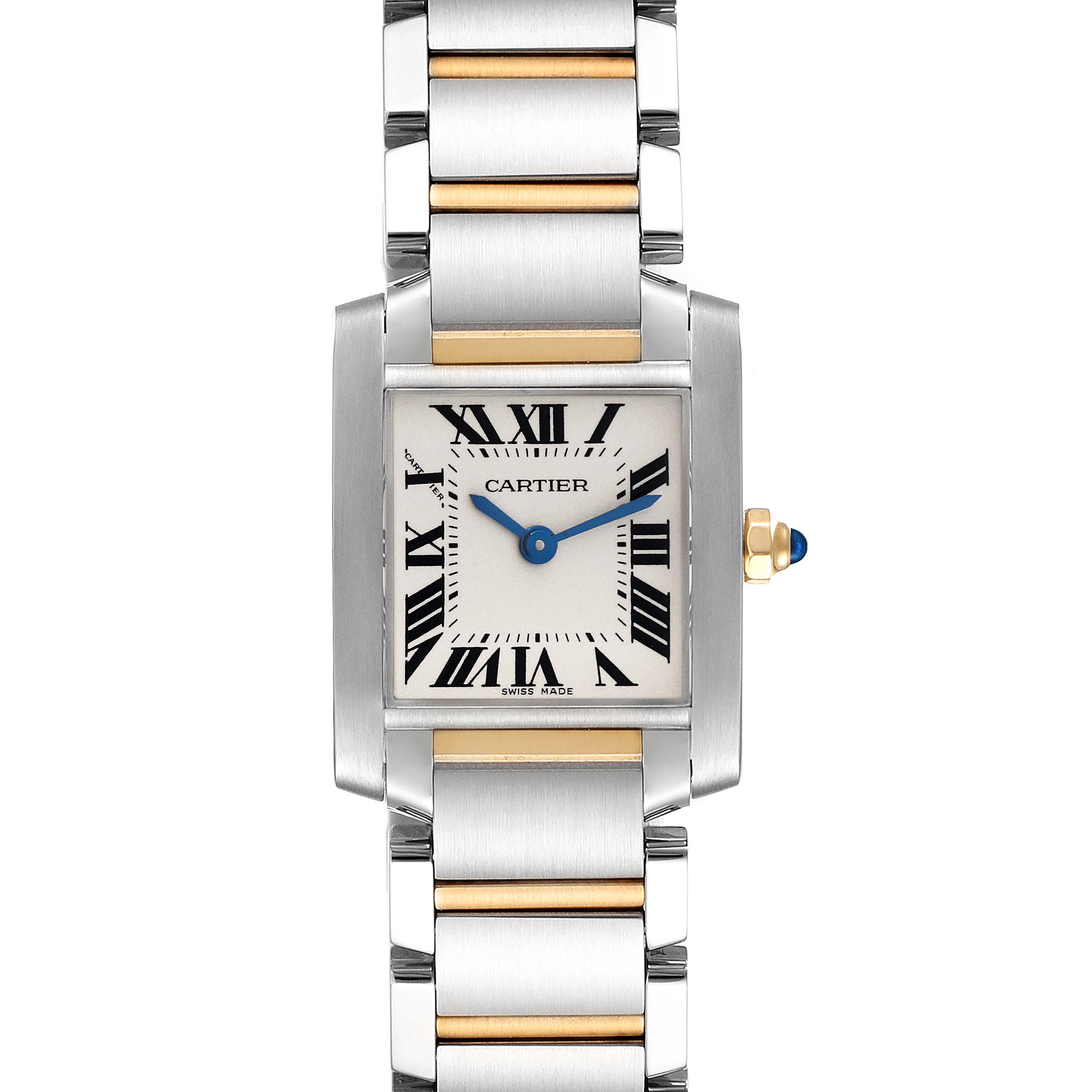 This is a Cartier Tank Française watch, shown from a front angle, displaying the face and part of the bracelet.