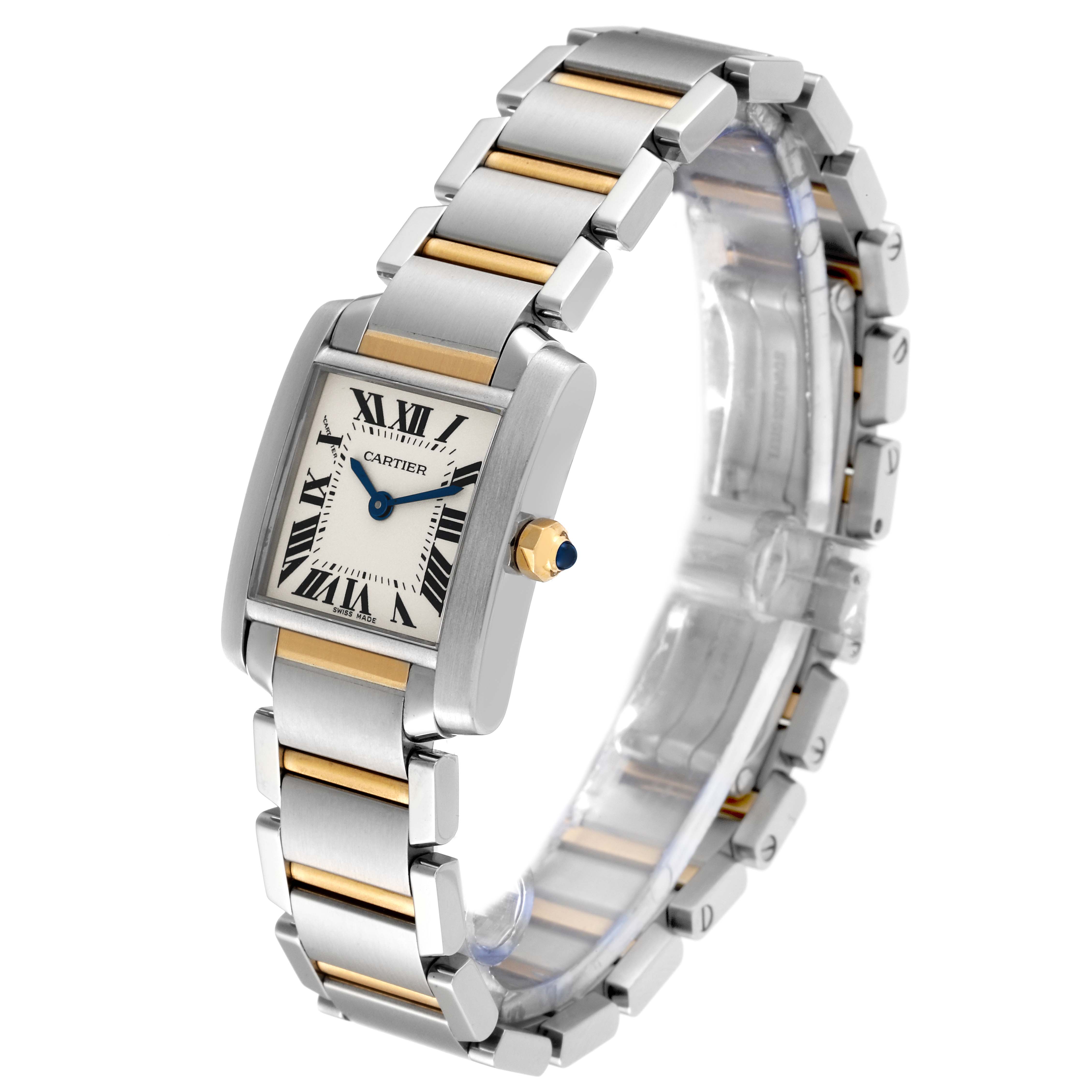 The image shows a Cartier Tank Française watch, angled to display the face and bracelet.