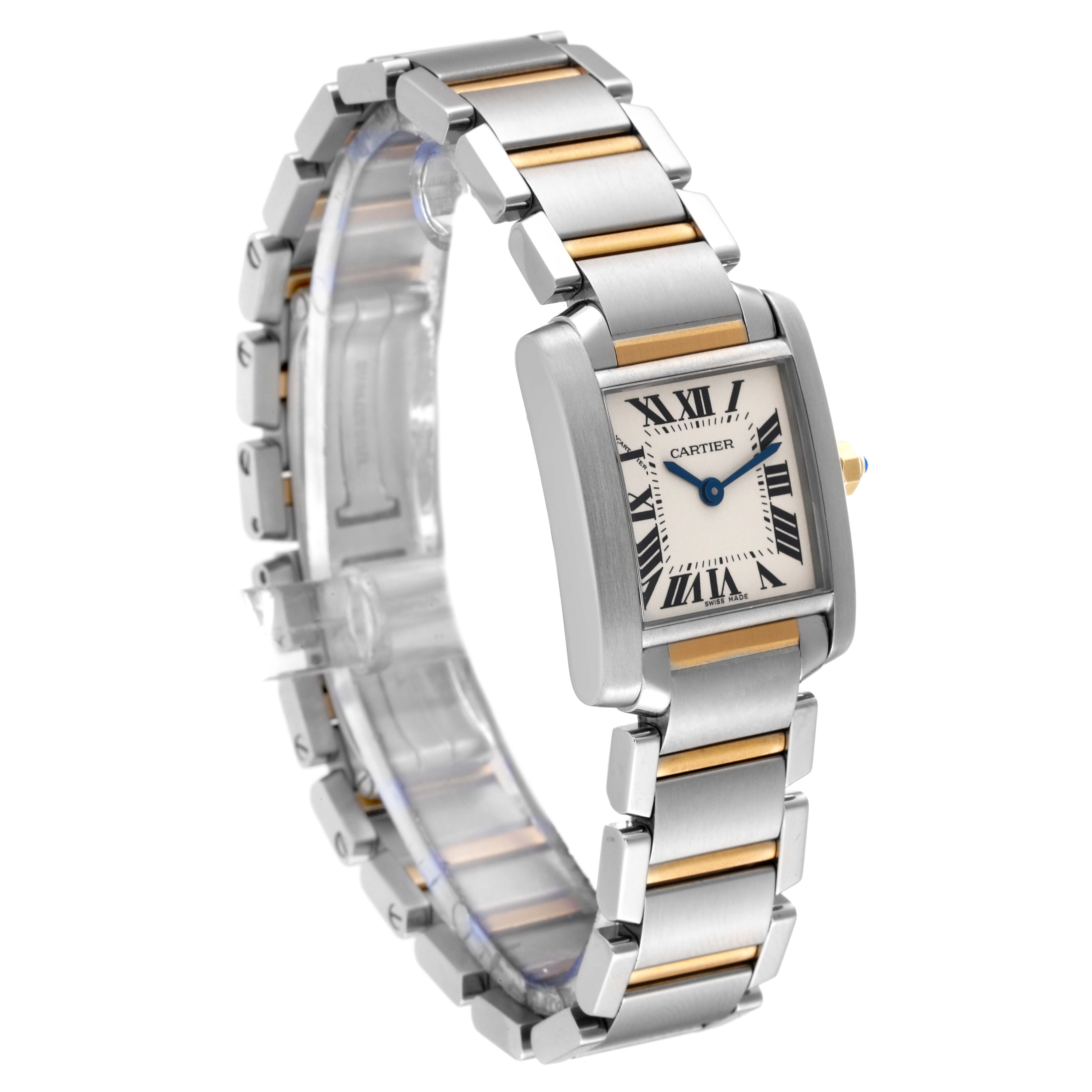 The image shows a Cartier Tank Francaise W51007Q4 Women
s Steel and Gold (two tone) Silver Dial W51007Q4 Women
s Steel and Gold (two tone) Silver Dial watch at a three-quarter angle, highlighting the face and part of the bracelet.