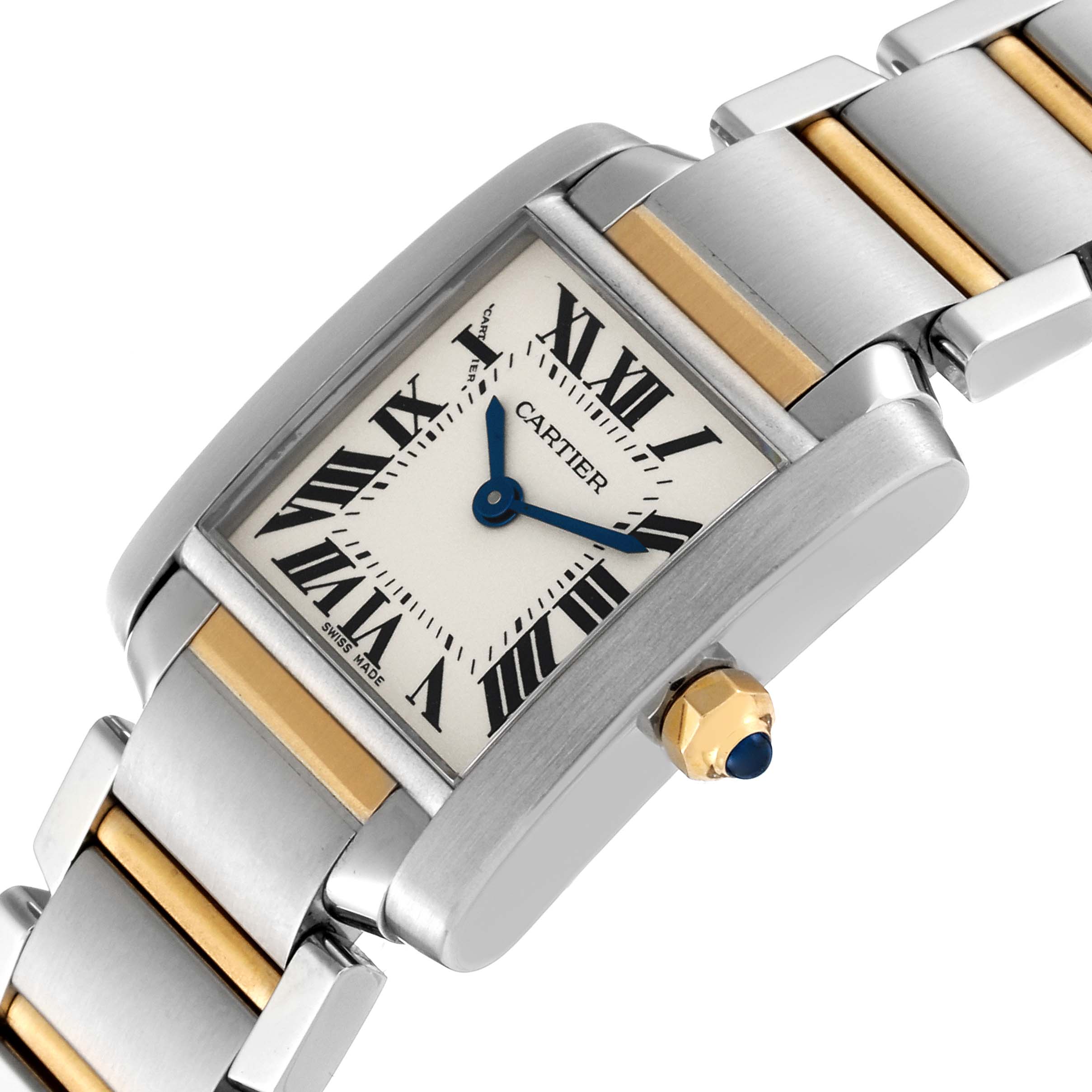 This image shows a close-up of the Cartier Tank Francaise W51007Q4 Women
s Steel and Gold (two tone) Silver Dial W51007Q4 Women
s Steel and Gold (two tone) Silver Dial watch, highlighting its face, crown, and part of the bracelet.