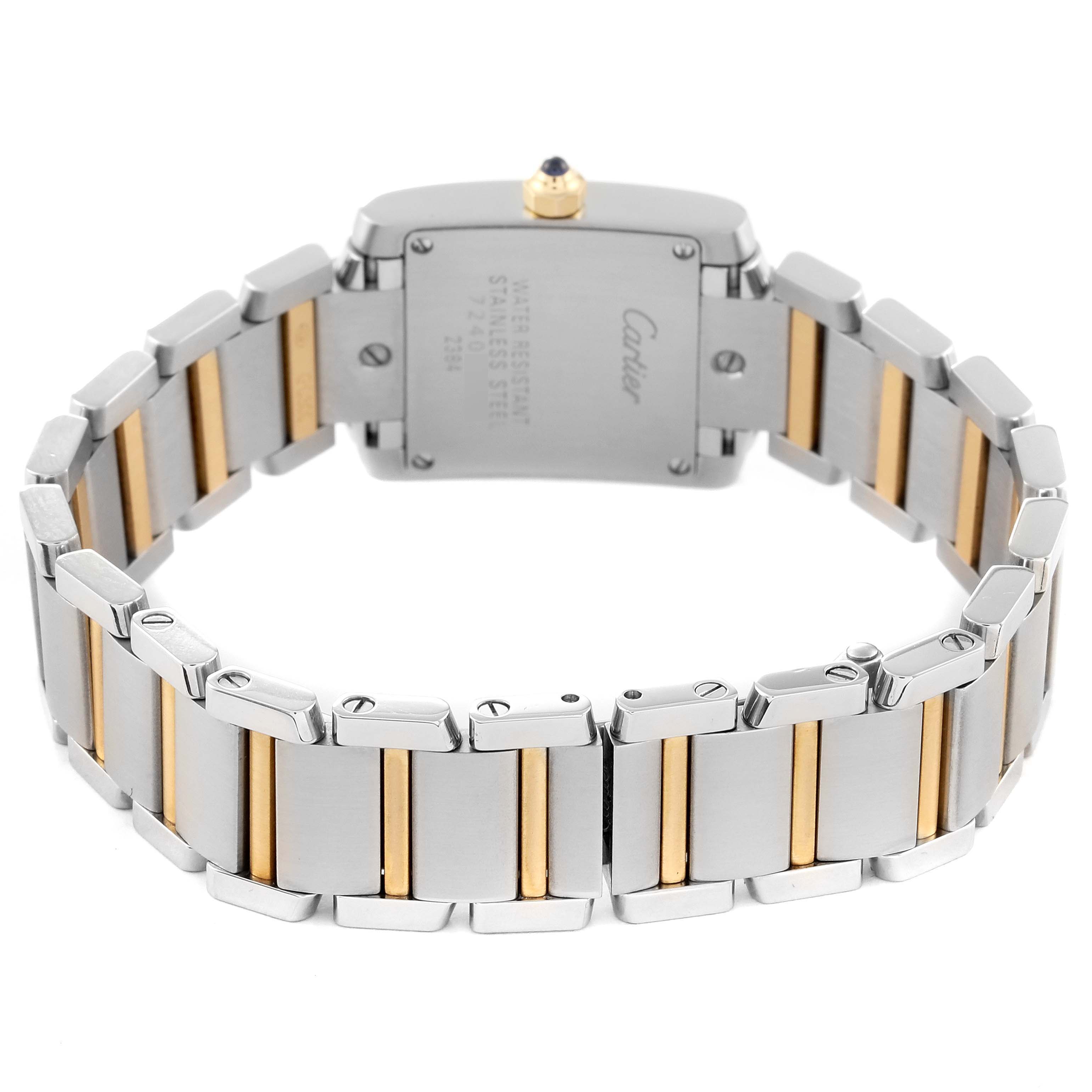 The image shows the back view of a Cartier Tank Francaise W51007Q4 Women
s Steel and Gold (two tone) Silver Dial W51007Q4 Women
s Steel and Gold (two tone) Silver Dial watch, highlighting its stainless steel and gold bracelet and case back details.