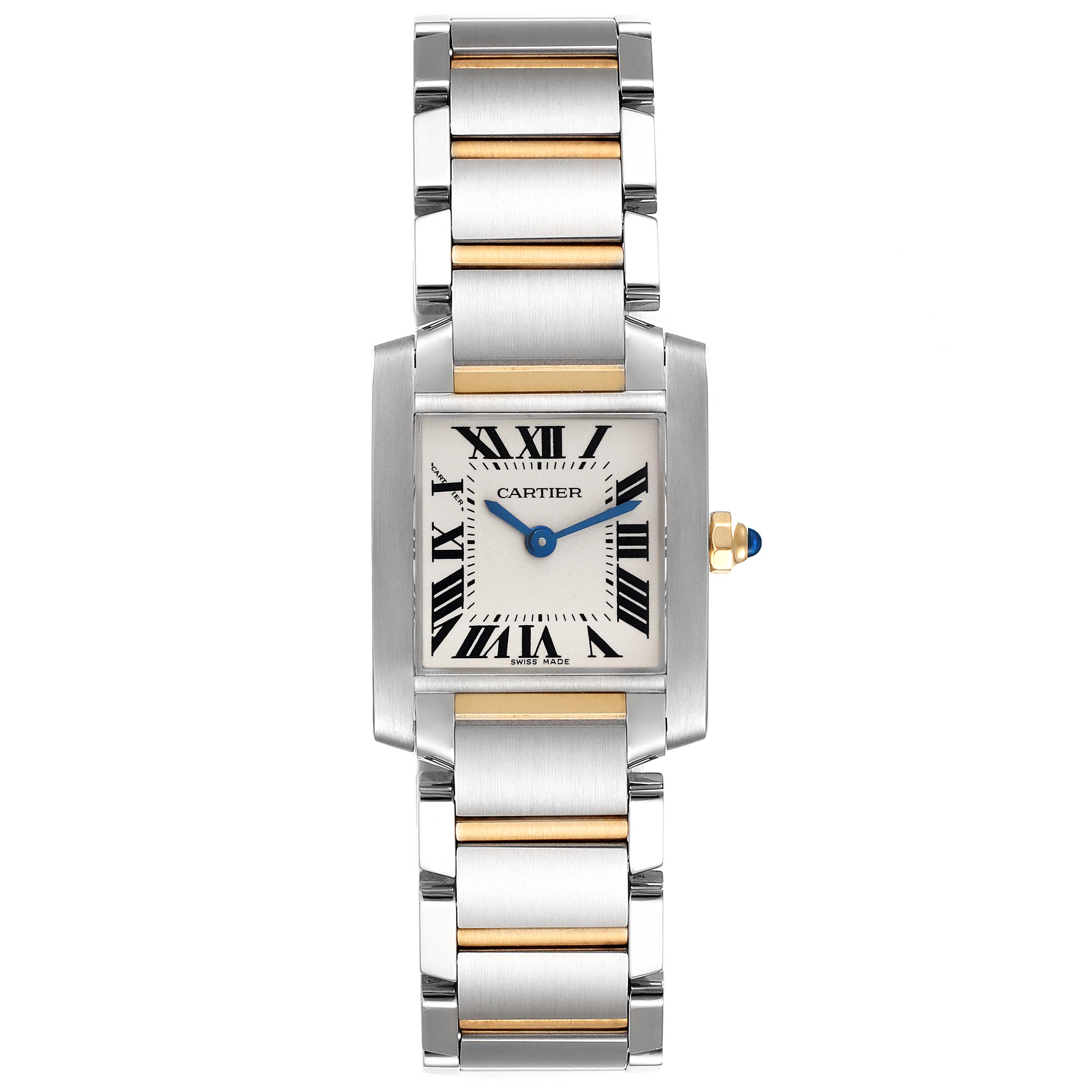 The image shows a front view of the Cartier Tank Francaise W51007Q4 Women
s Steel and Gold (two tone) Silver Dial W51007Q4 Women
s Steel and Gold (two tone) Silver Dial watch, highlighting its bracelet, face, and crown.