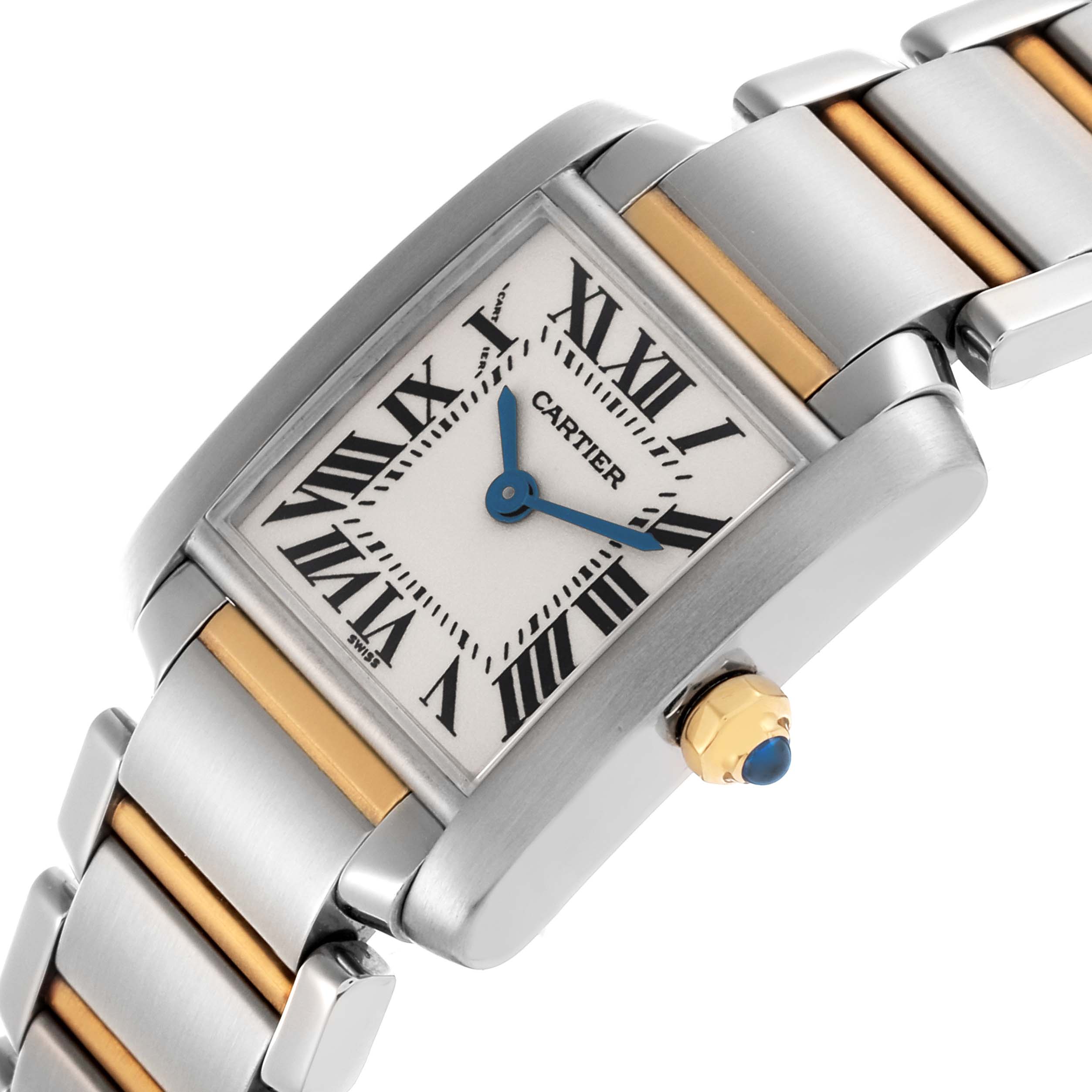The Cartier Tank Française watch is shown at a slight angle, highlighting the rectangular face, Roman numerals, blue hands, and two-tone bracelet.