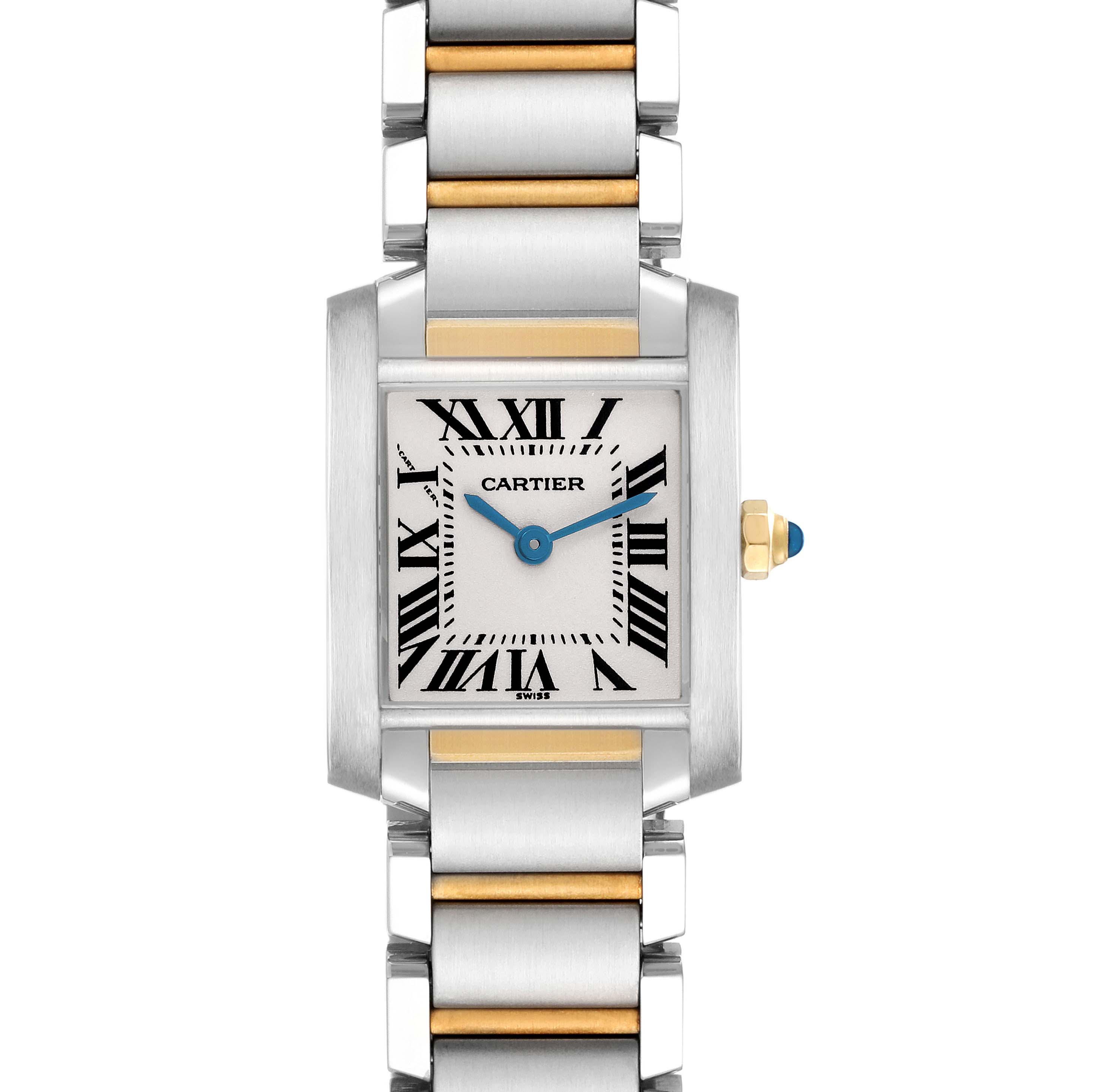 The Cartier Tank Francaise W51007Q4 Women's Steel and Gold (two tone) Silver Dial W51007Q4 Women's Steel and Gold (two tone) Silver Dial watch is shown from a front angle, highlighting the face, Roman numeral indices, and metal bracelet.