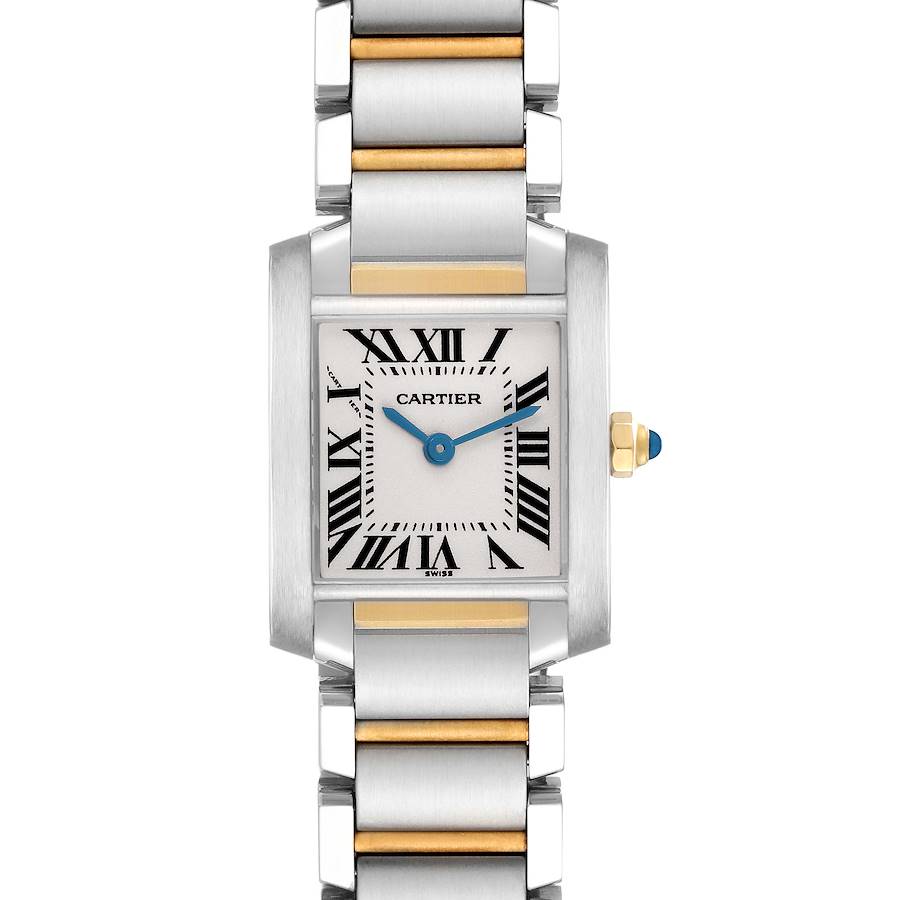 The Cartier Tank Francaise watch is shown from a front angle, highlighting the face, Roman numeral indices, and metal bracelet.