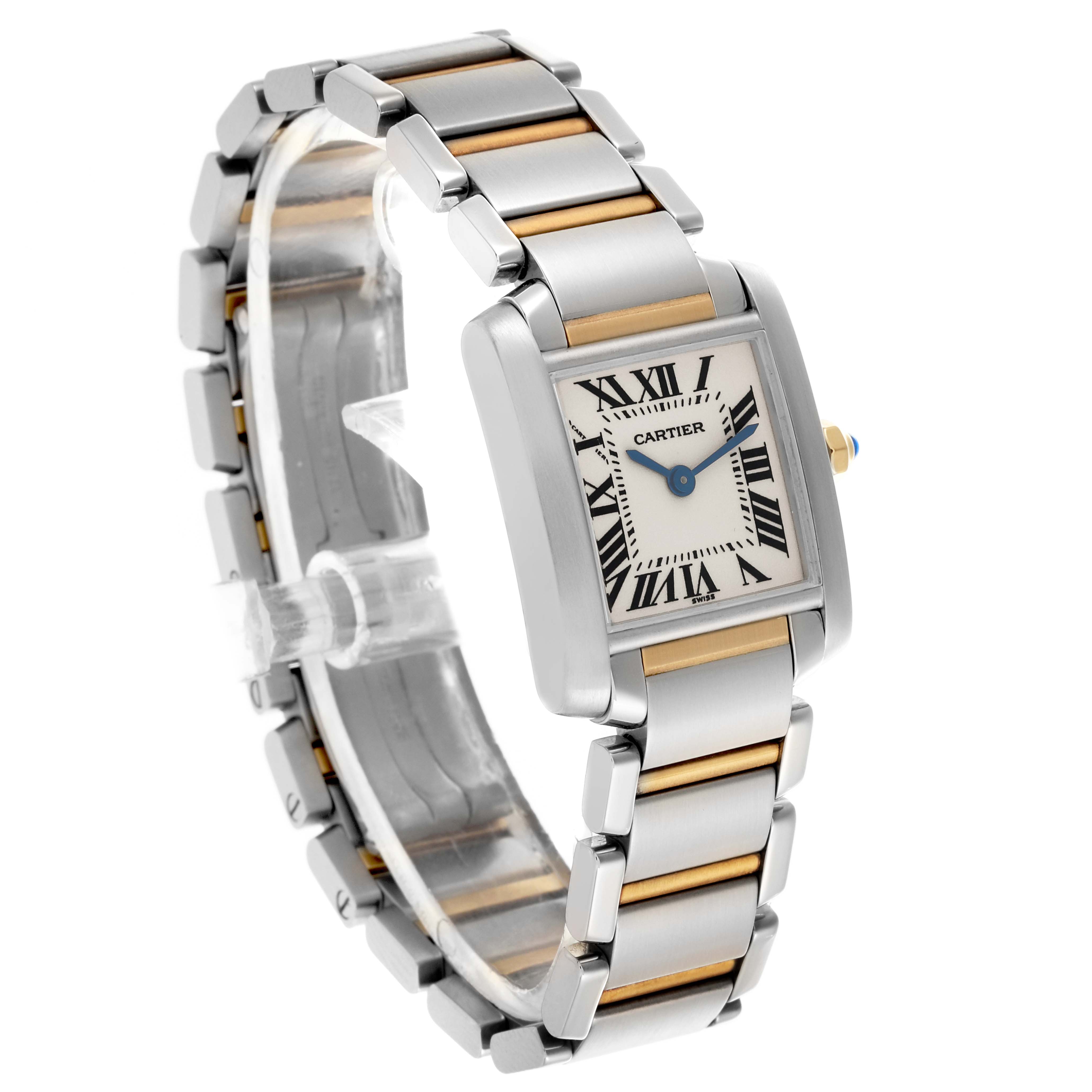 The Cartier Tank Francaise W51007Q4 Women's Steel and Gold (two tone) Silver Dial W51007Q4 Women's Steel and Gold (two tone) Silver Dial watch is shown at a three-quarter angle, highlighting its dual-tone metal bracelet and rectangular face.