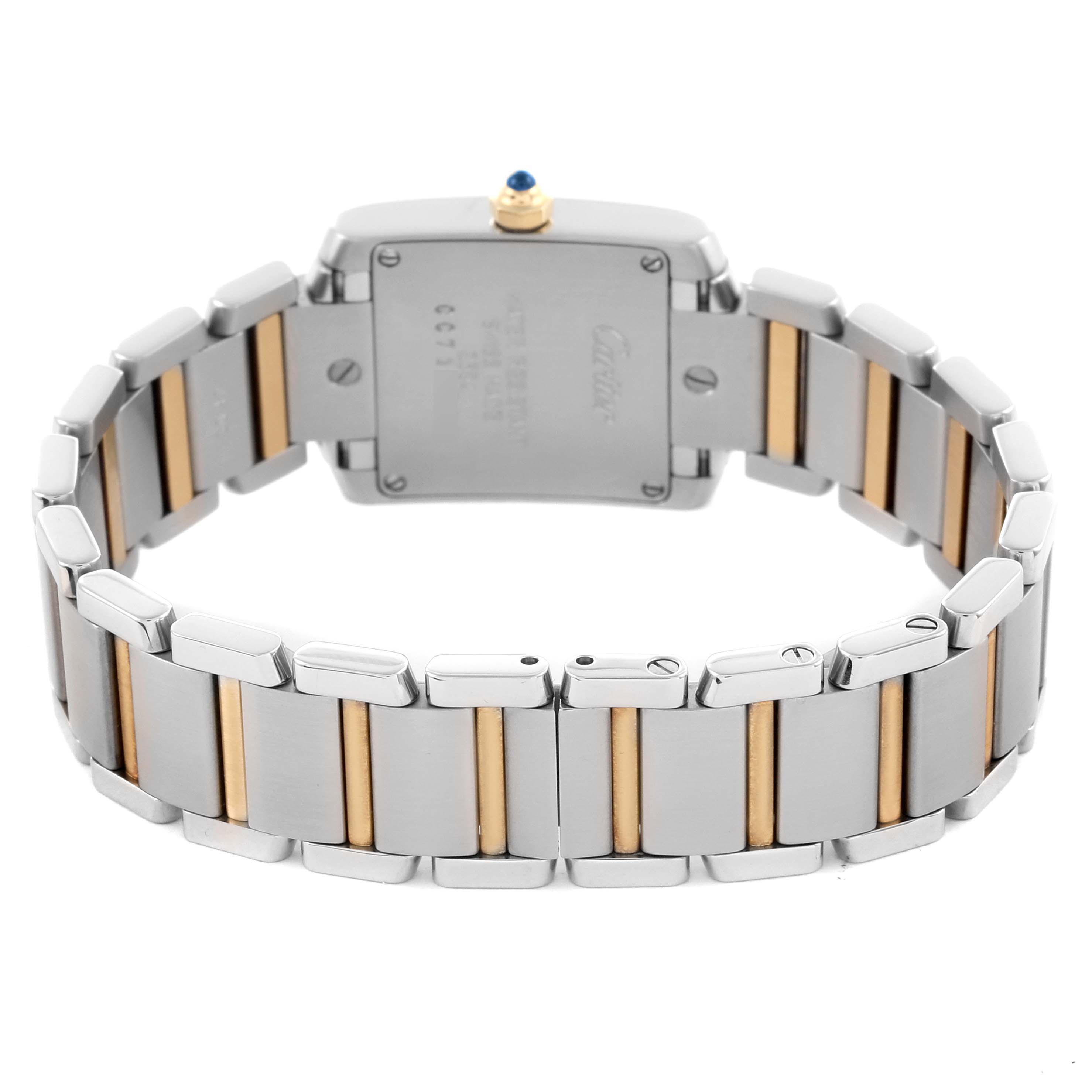 The image shows the back view of a Cartier Tank Francaise W51007Q4 Women's Steel and Gold (two tone) Silver Dial W51007Q4 Women's Steel and Gold (two tone) Silver Dial watch, highlighting the metal bracelet and case back.