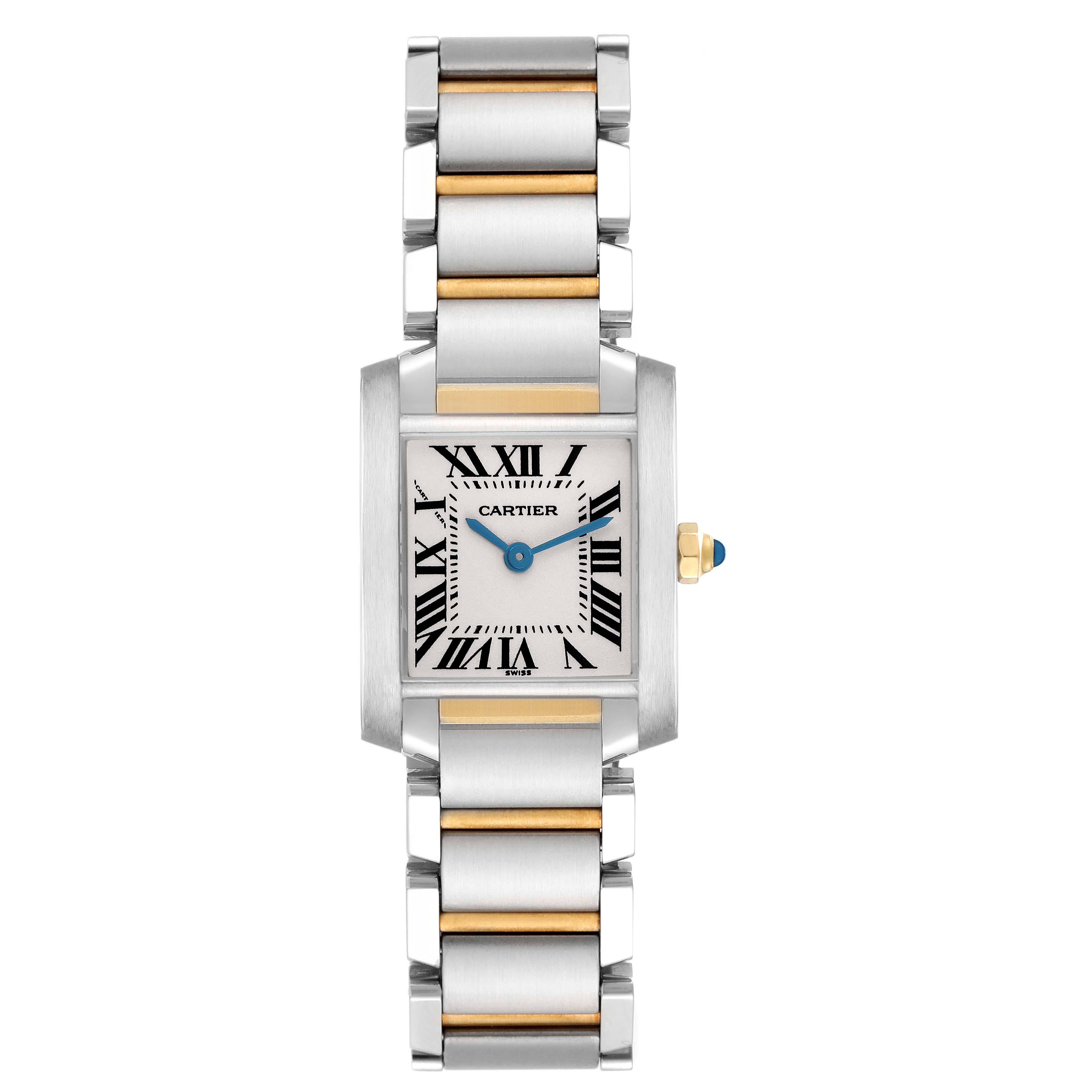 The Cartier Tank Francaise W51007Q4 Women's Steel and Gold (two tone) Silver Dial W51007Q4 Women's Steel and Gold (two tone) Silver Dial watch is shown from the front, highlighting the face, bezel, and two-tone bracelet.
