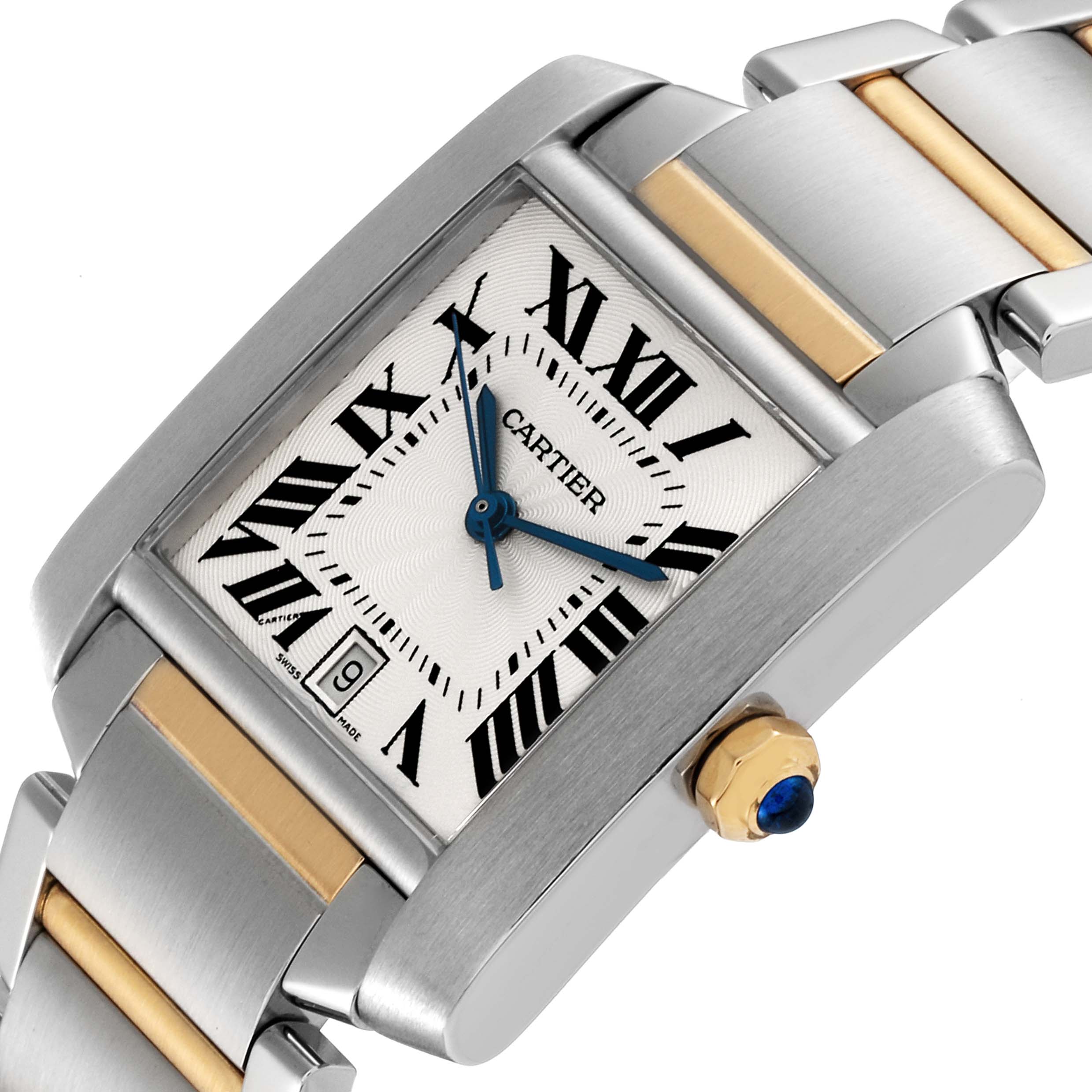 This image shows a close-up angle of the Cartier Tank Francaise W51005Q4 Men's Steel and Gold (two tone) Silver Dial W51005Q4 Men's Steel and Gold (two tone) Silver Dial watch, highlighting the dial, crown, and part of the bracelet.