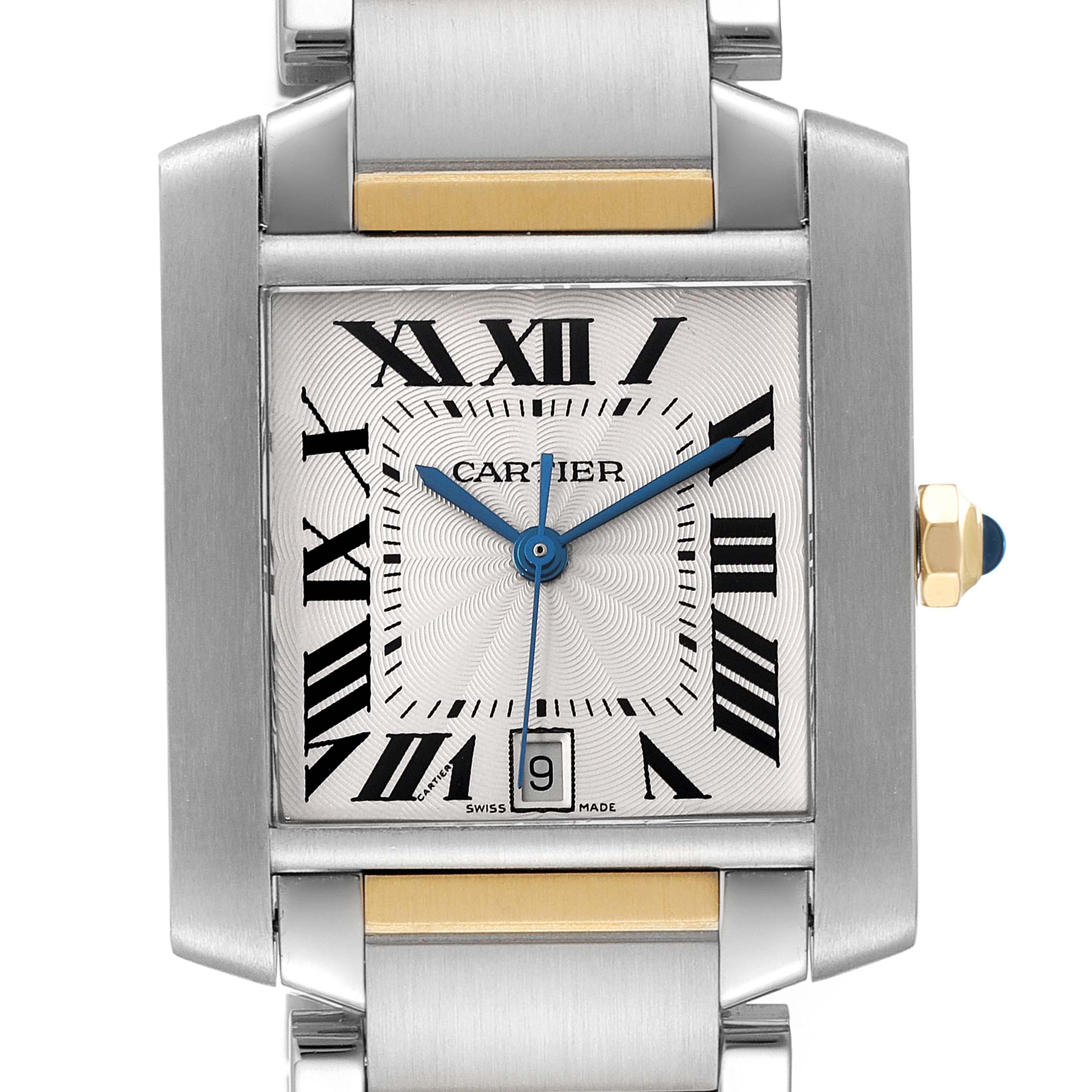 The image shows a front view of the Cartier Tank Francaise W51005Q4 Men's Steel and Gold (two tone) Silver Dial W51005Q4 Men's Steel and Gold (two tone) Silver Dial watch, highlighting its Roman numeral dial, blue hands, and date window.