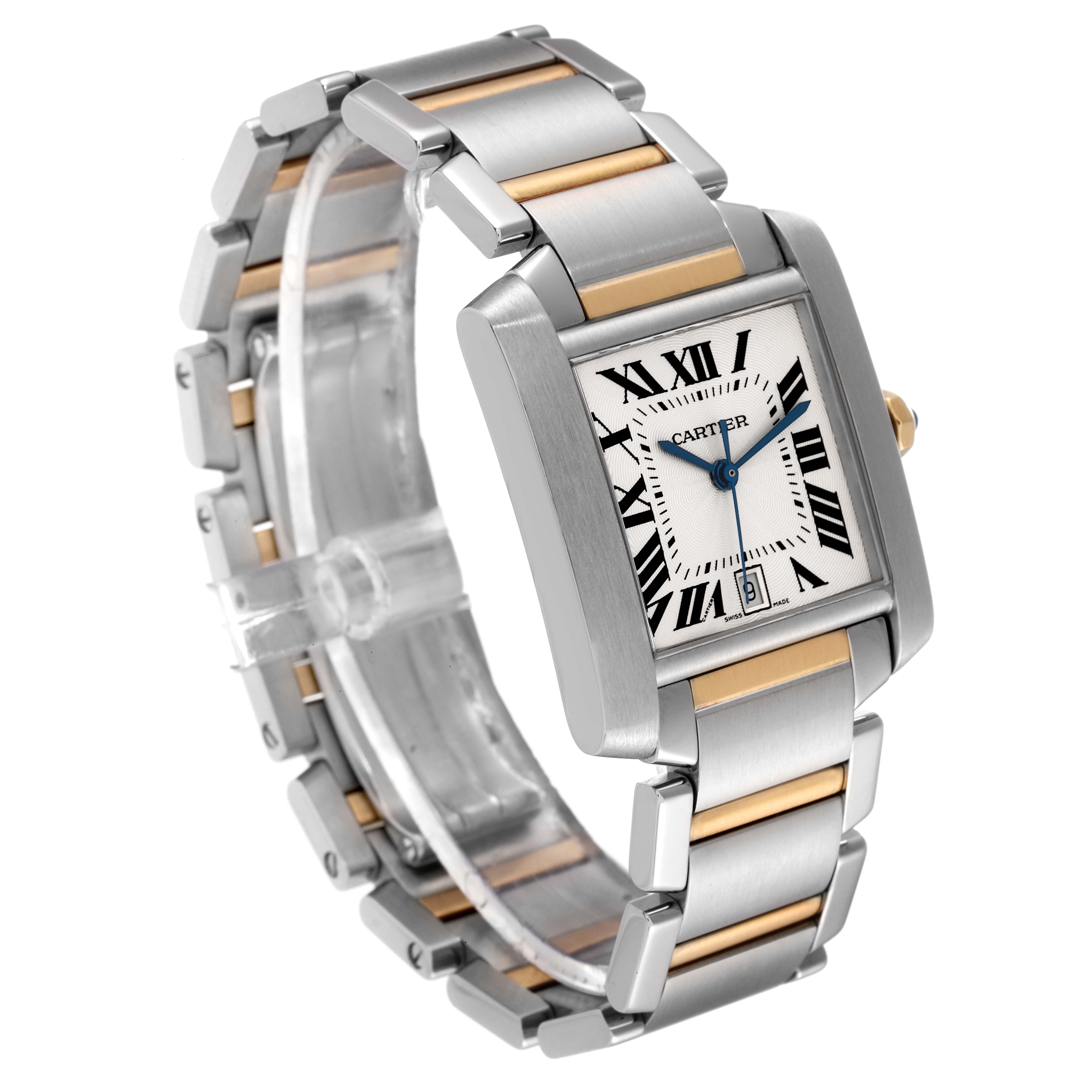 The image shows a Cartier Tank Francaise W51005Q4 Men's Steel and Gold (two tone) Silver Dial W51005Q4 Men's Steel and Gold (two tone) Silver Dial watch at a front-side angle, highlighting its face, bracelet, and clasp.