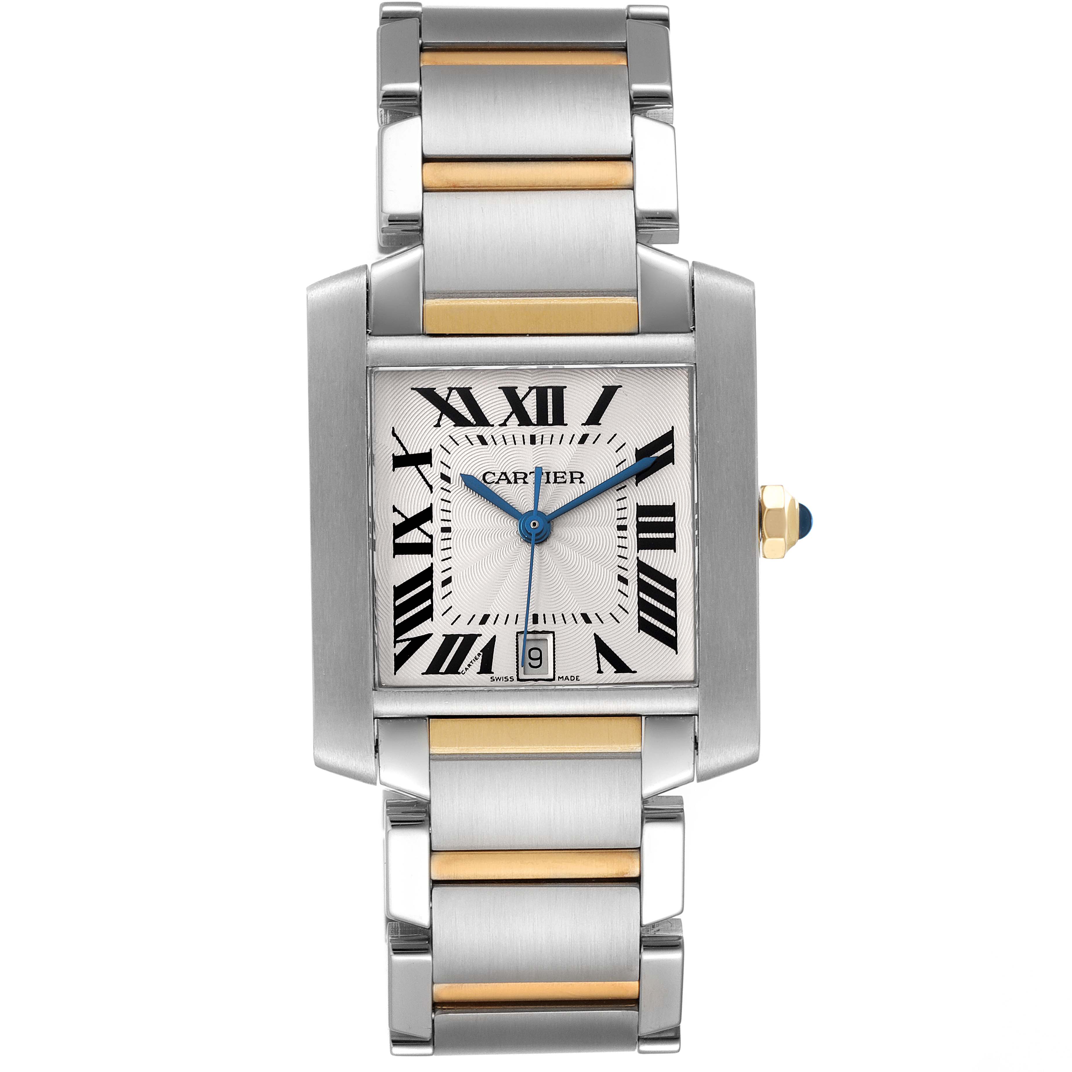 The image shows a front view of a Cartier Tank Francaise W51005Q4 Men's Steel and Gold (two tone) Silver Dial W51005Q4 Men's Steel and Gold (two tone) Silver Dial watch, highlighting its rectangular case, bracelet, and dial with Roman numerals.
