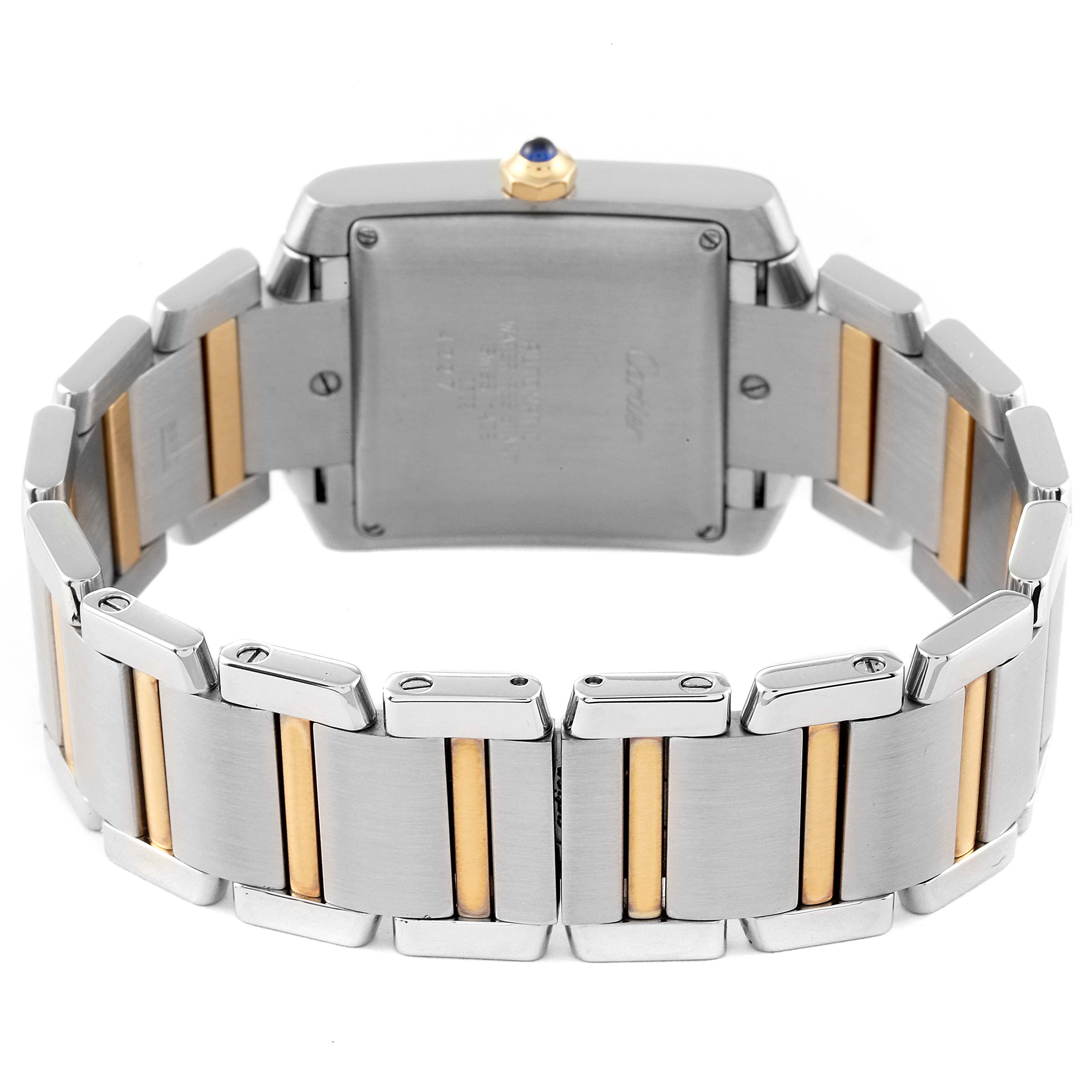 This image shows the rear view of a Cartier Tank Francaise W51005Q4 Men's Steel and Gold (two tone) Silver Dial W51005Q4 Men's Steel and Gold (two tone) Silver Dial watch, highlighting the back of the case and the bracelet.