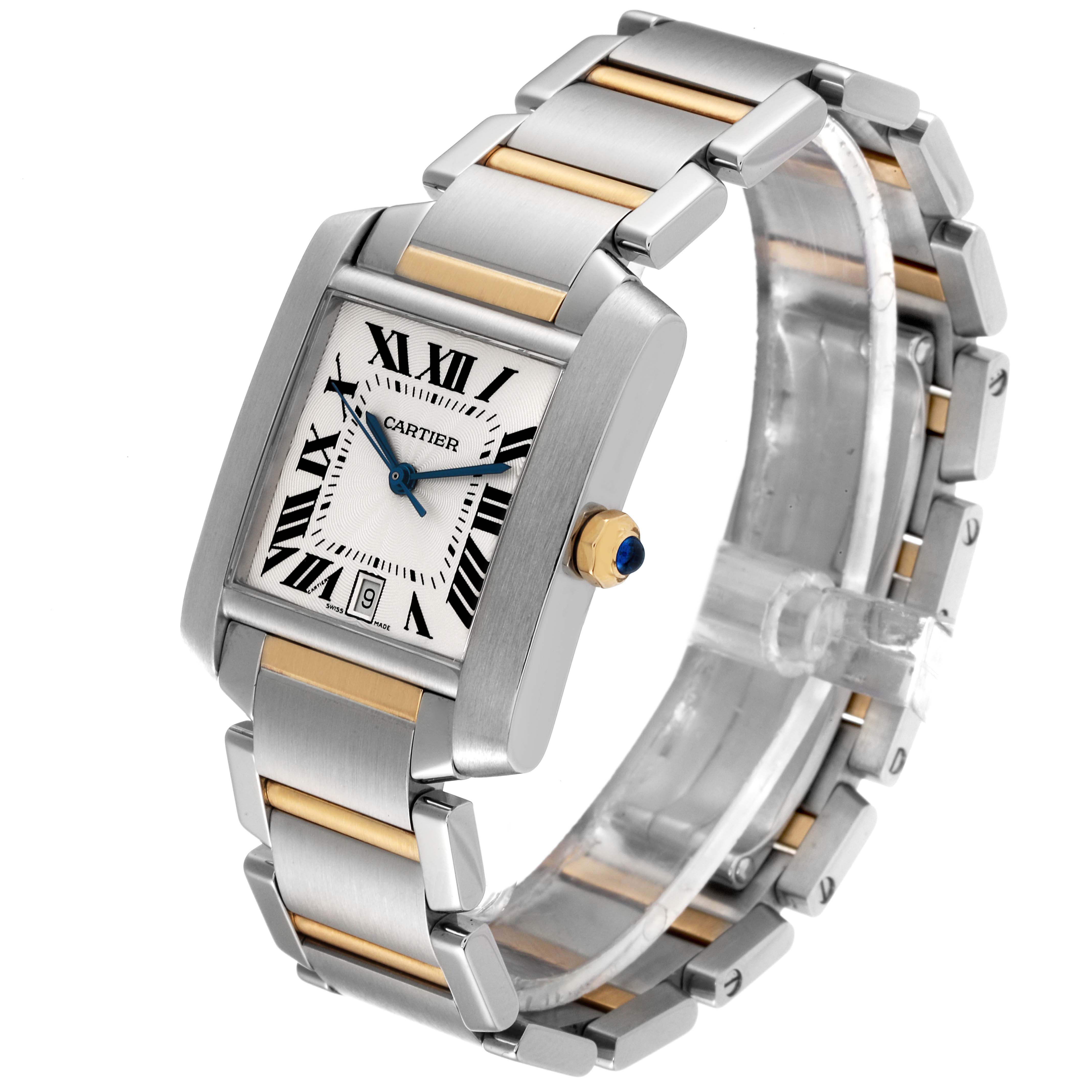 This is a front and slightly side view of the Cartier Tank Francaise W51005Q4 Men's Steel and Gold (two tone) Silver Dial W51005Q4 Men's Steel and Gold (two tone) Silver Dial watch, showcasing its bracelet, dial, case, and crown.