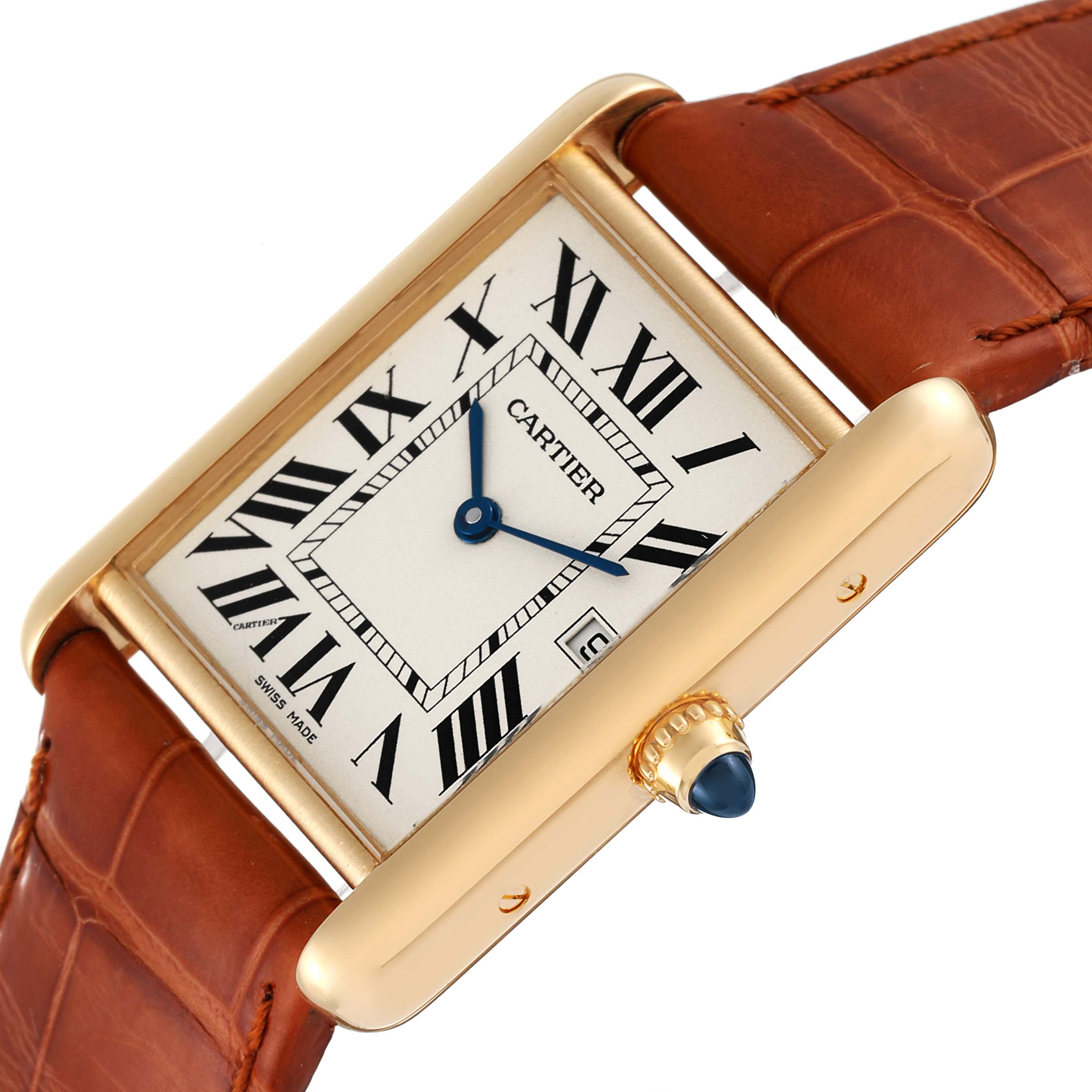 This image shows a close-up, angled view of a Cartier Tank Louis W1529756 Men's Yellow Gold Silver Dial W1529756 Men's Yellow Gold Silver Dial watch, highlighting its rectangular face, brown leather strap, and gold casing.