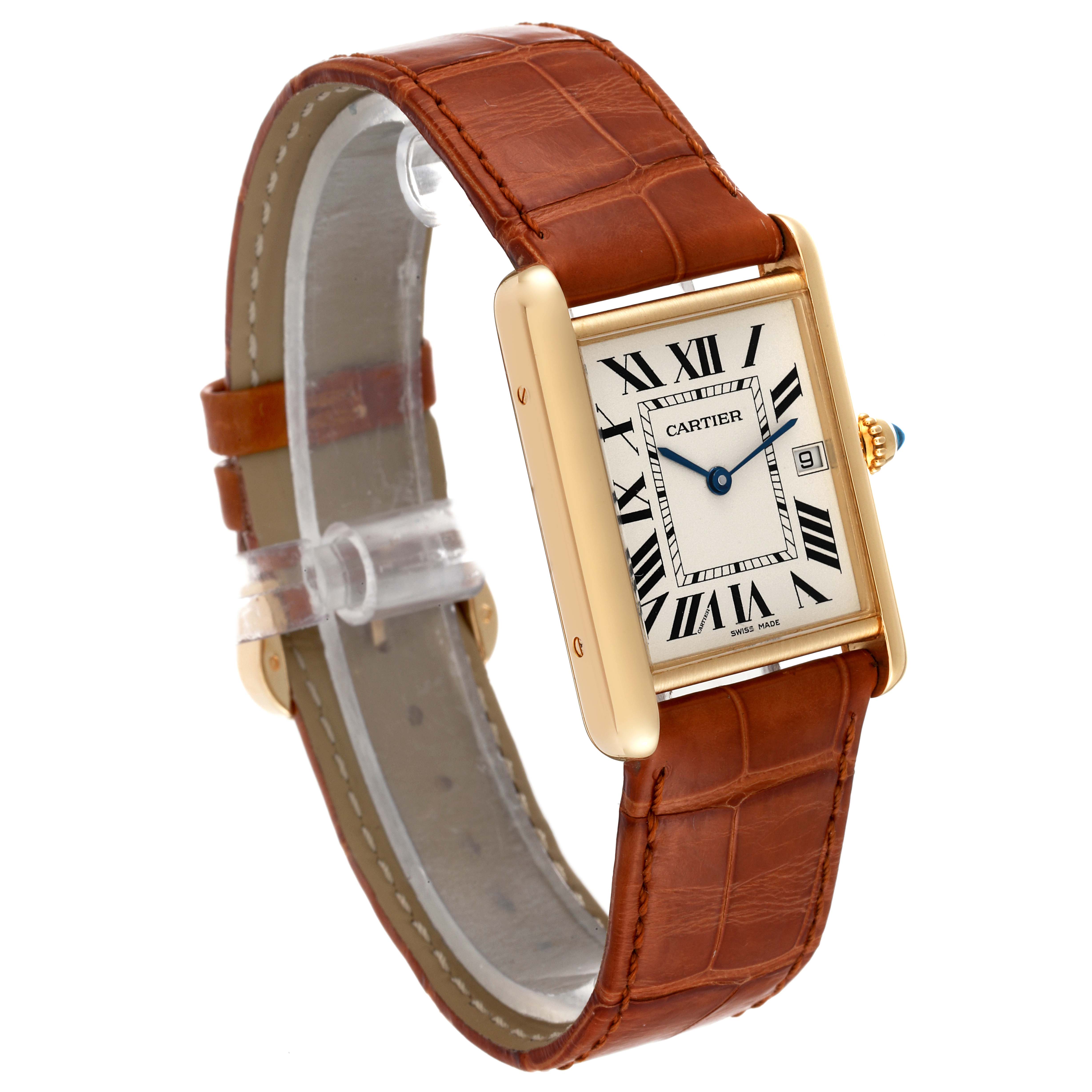 The image shows a Cartier Tank Louis W1529756 Men's Yellow Gold Silver Dial W1529756 Men's Yellow Gold Silver Dial watch at a slight angle, revealing the face, leather strap, and side view of the case.