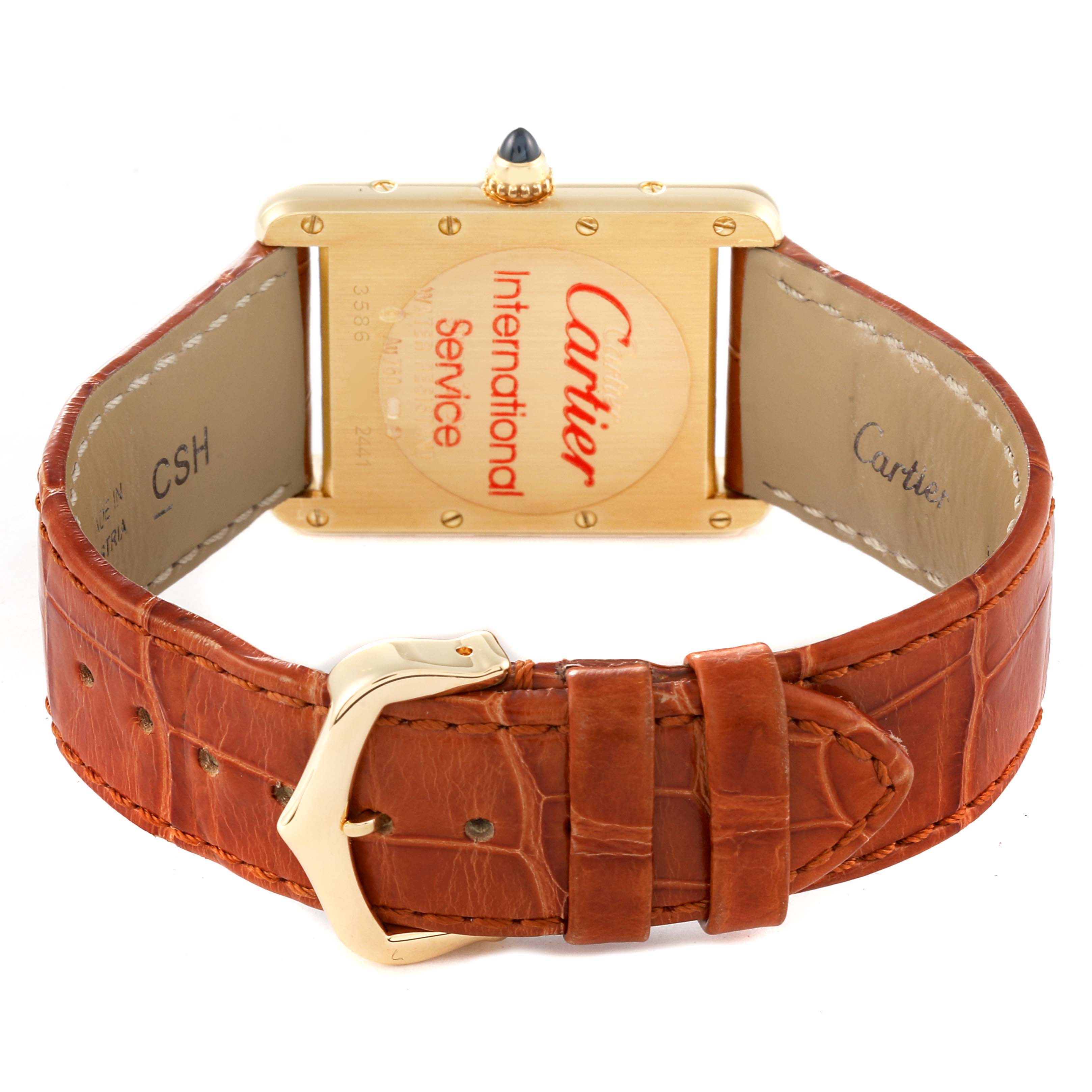 This image shows the back case and brown leather strap of a Cartier Tank Louis W1529756 Men's Yellow Gold Silver Dial W1529756 Men's Yellow Gold Silver Dial model watch.