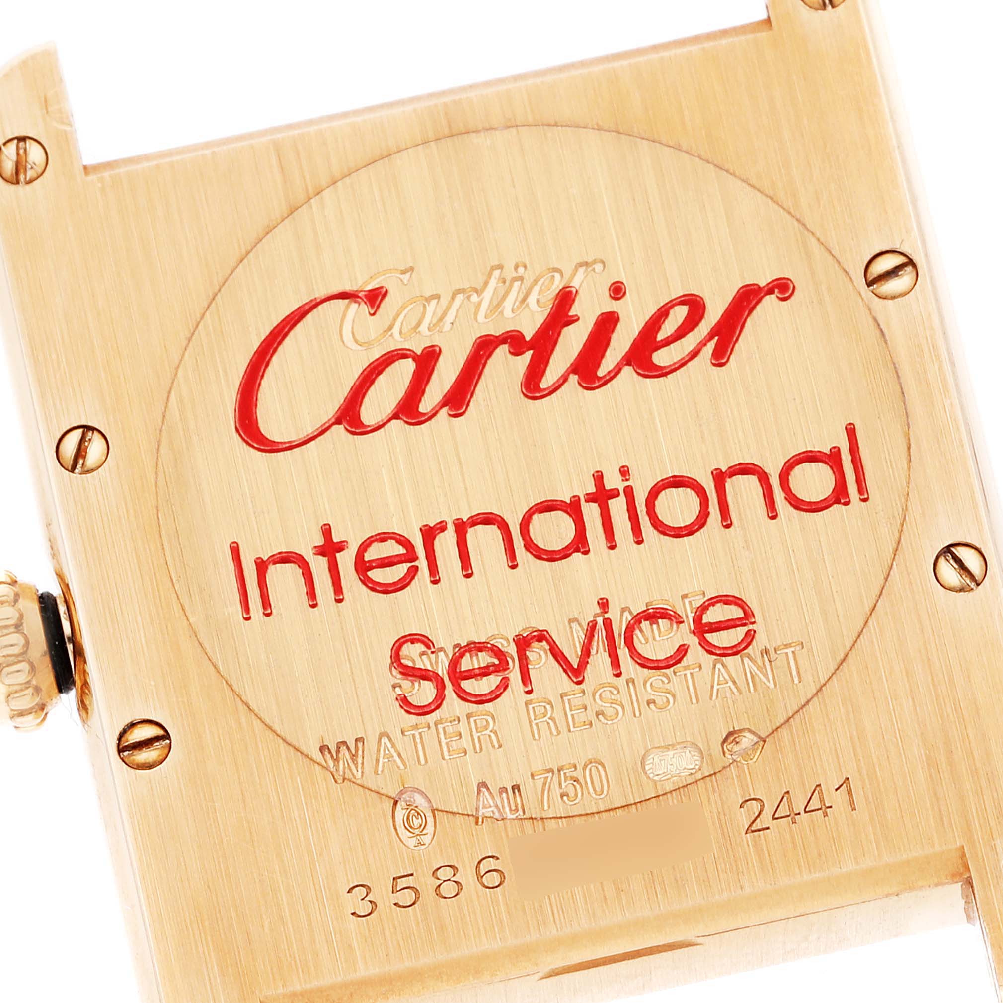 The image shows the back case of a Cartier Tank Louis W1529756 Men's Yellow Gold Silver Dial W1529756 Men's Yellow Gold Silver Dial watch, featuring branding and service details.