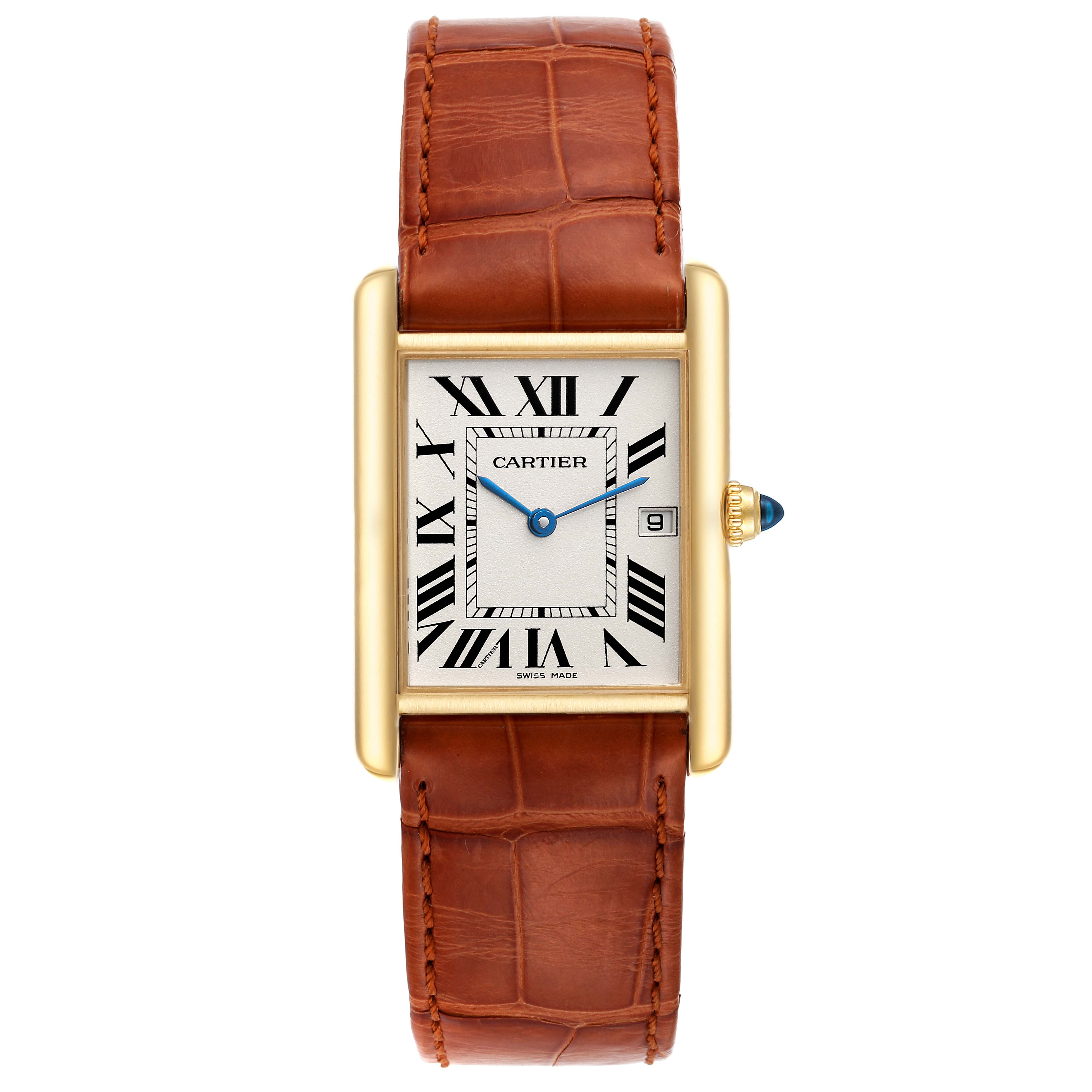 This image shows the Cartier Tank Louis W1529756 Men's Yellow Gold Silver Dial W1529756 Men's Yellow Gold Silver Dial watch from a top view, highlighting its face, strap, and crown.