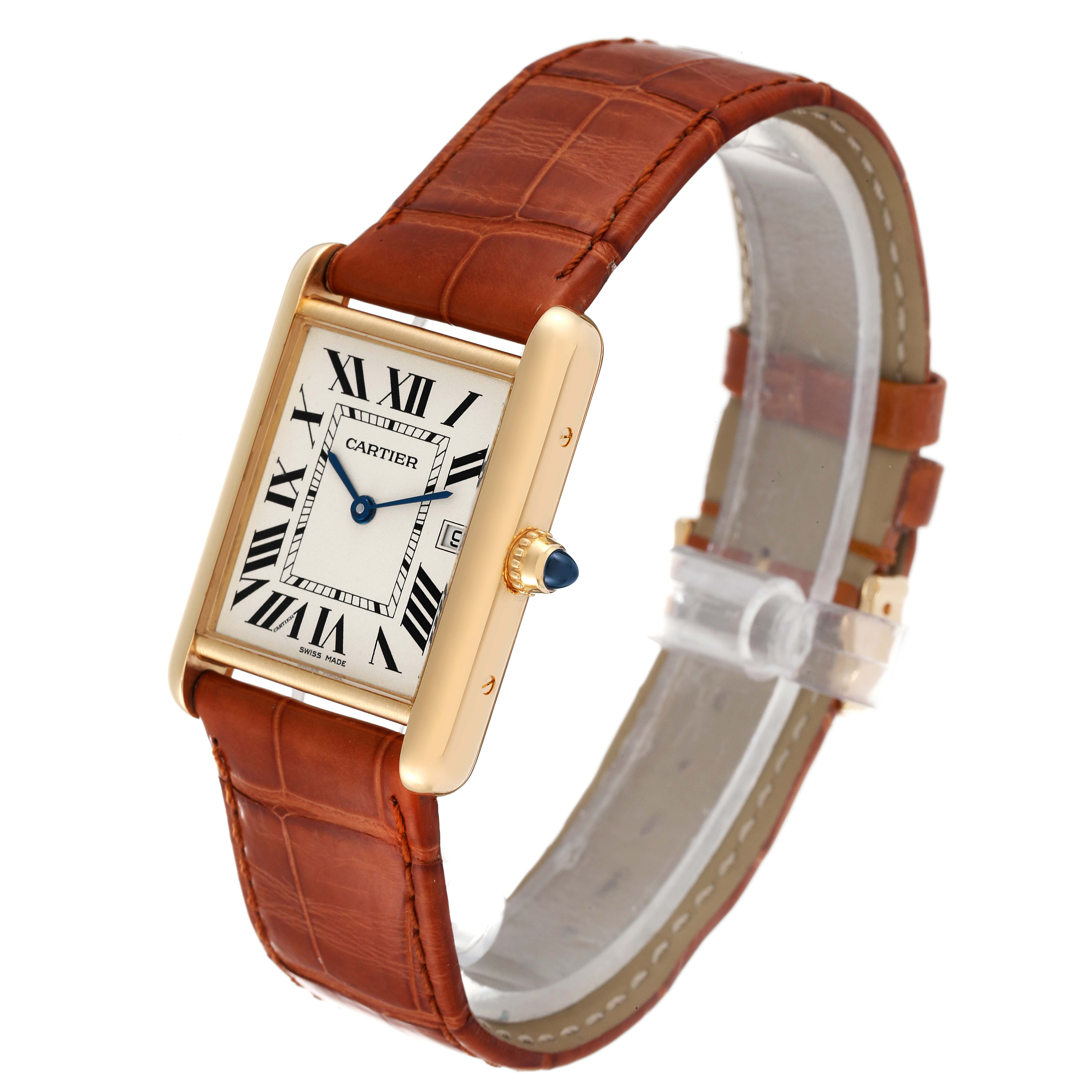 The image shows a Tank Louis model by Cartier from a slightly angled side view, highlighting its square face, gold case, and brown leather strap.