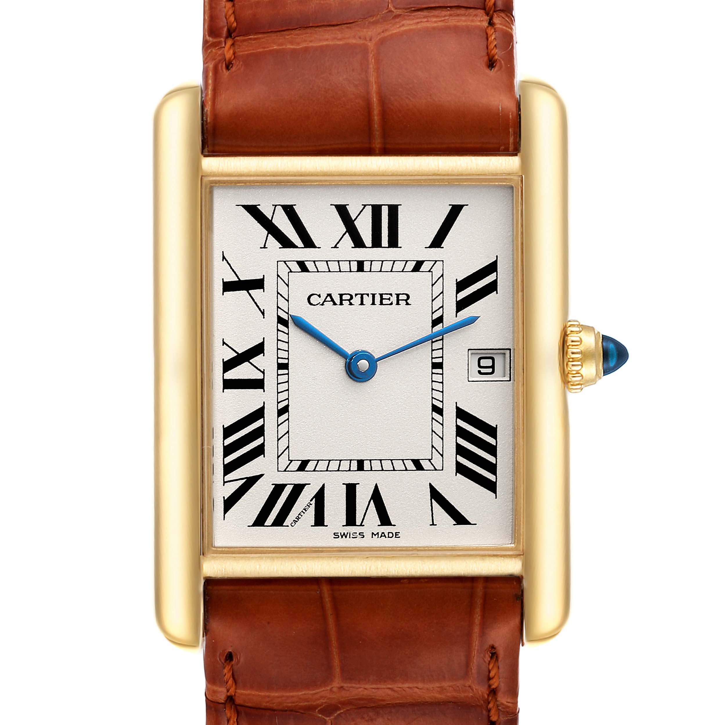 The image shows a front view of the Cartier Tank Louis W1529756 Men's Yellow Gold Silver Dial W1529756 Men's Yellow Gold Silver Dial watch, highlighting its face, Roman numerals, and brown leather strap.